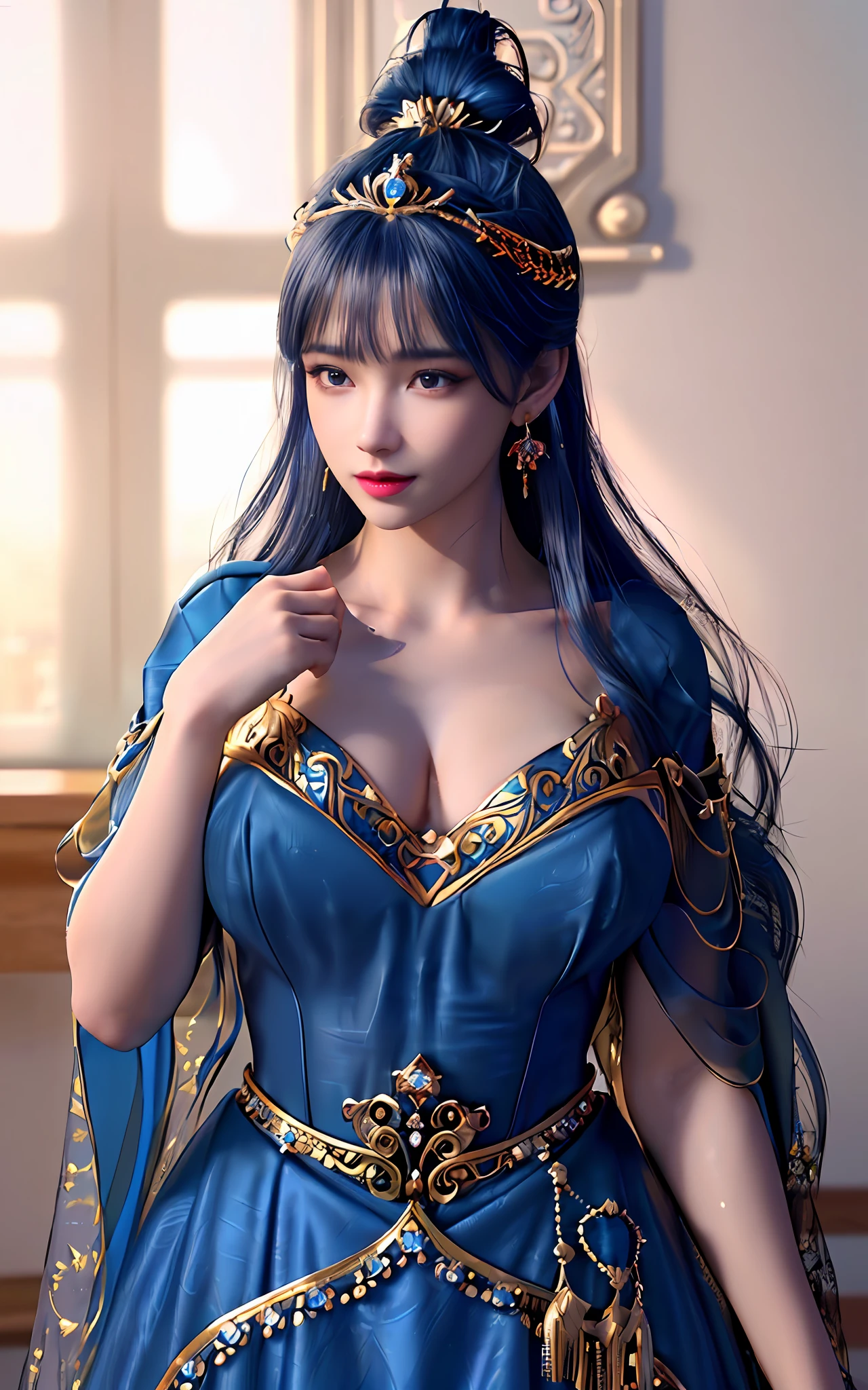 ((realisticity: 1.2)), ((best resolution: 8K UHD)), best quality,masterpiece,highres,cg,
((1 super detailed and super realistic girl)), ((very beautiful queen dazzling, super realistic, and super detailed)), long hair, ((super realistic and super detailed dress)), solo, ((super realistic, super beautiful, gorgeous and super detailed jewelry)), ((super beautiful, super realistic and super detailed dark blue and golden yellow dress)),
((super beautiful, super realistic, super detailed diamond filled earrings)),
  ((super beautiful, super realistic and super detailed diamond filled hair ornament)), ((super beautiful upper body, super beautiful, super realistic and super detailed)), ((big breasts: 2.5)), 
((super grand, super realistic and super detailed royal palace backgroun))
((super beautiful, super beautiful, super realistic and super detailed hair bun)), ((super beautiful, super realistic and super detailed blue hair)),
candid, Photograph, high resolution, 8k,Bokeh,