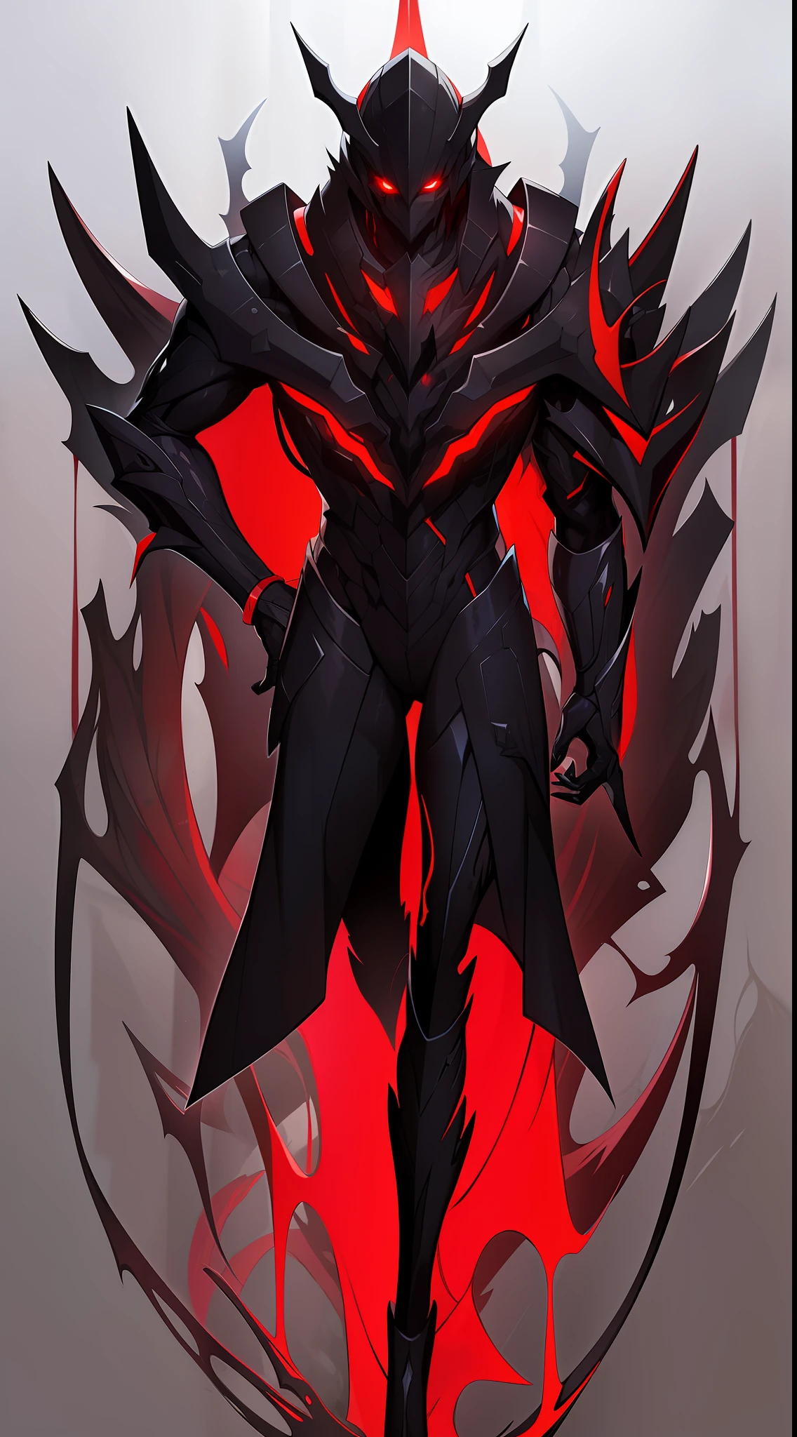 a humanoid black skin monster wearing a black suit with red details, shining red eyes, short born hairs, aura with vine color