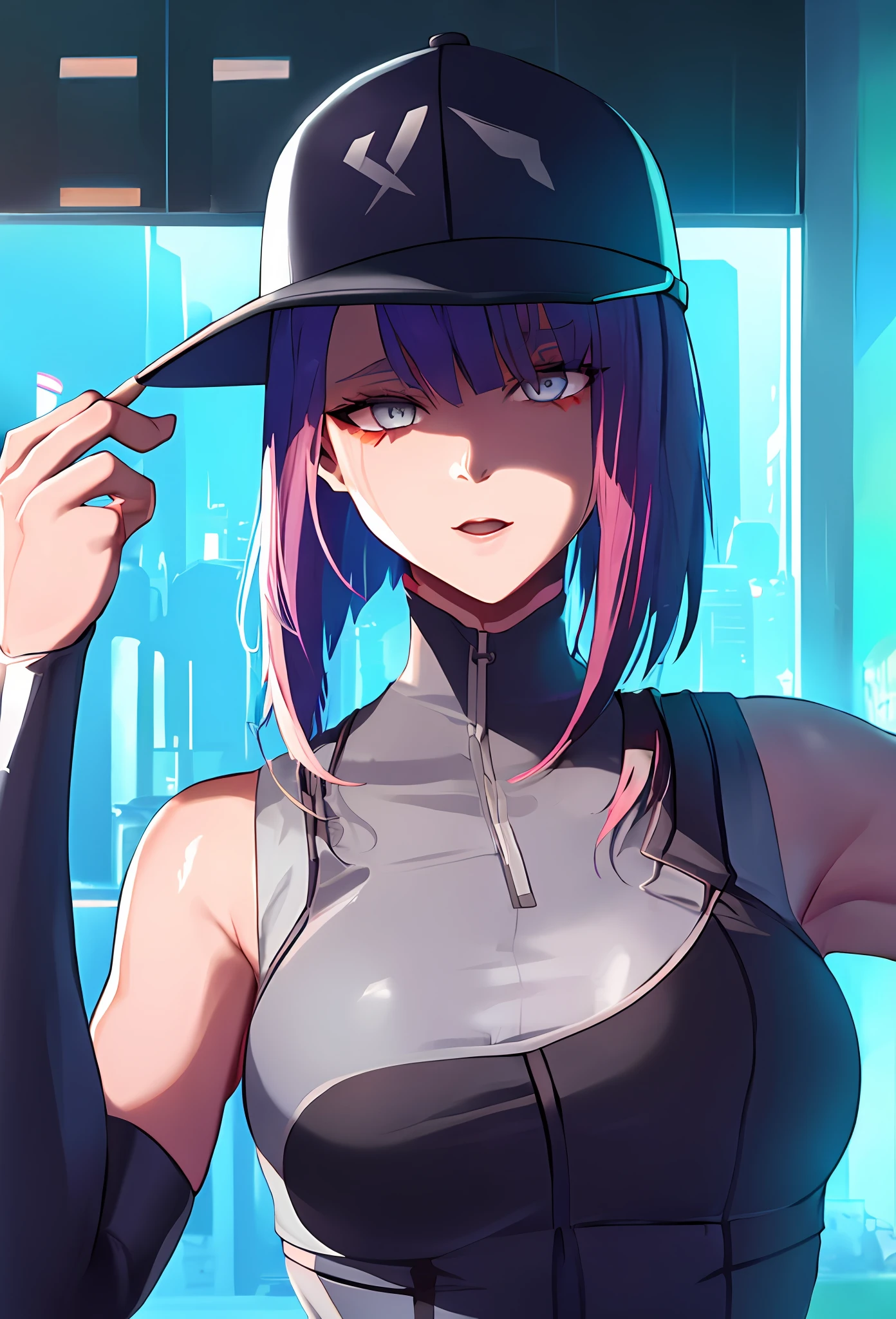 lucy \(cyberpunk\),
1girl, baseball cap, upper body, 
short hair, solo
cyberpunk edgerunners,