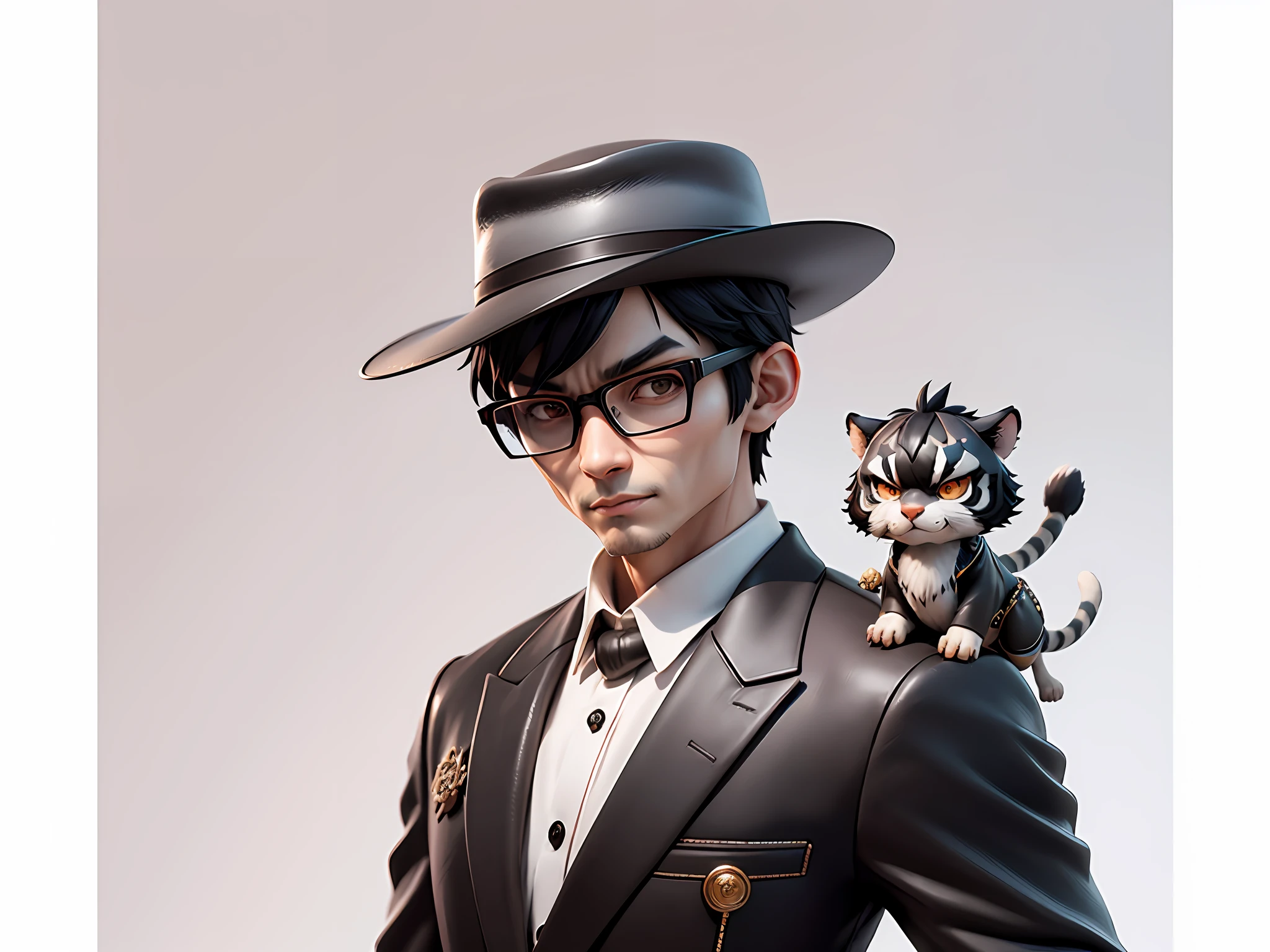 Young man with leather hat, tiger, dragon, oriental face in formal suit, short black hair, silver glasses, digital painting, 3D character design by Mark Clairedon and Pixar and Hayao Miyazaki and Akira Toriyama, the illustration is a high-definition illustration in 4K resolution with very detailed facial features and cartoon-style visuals.