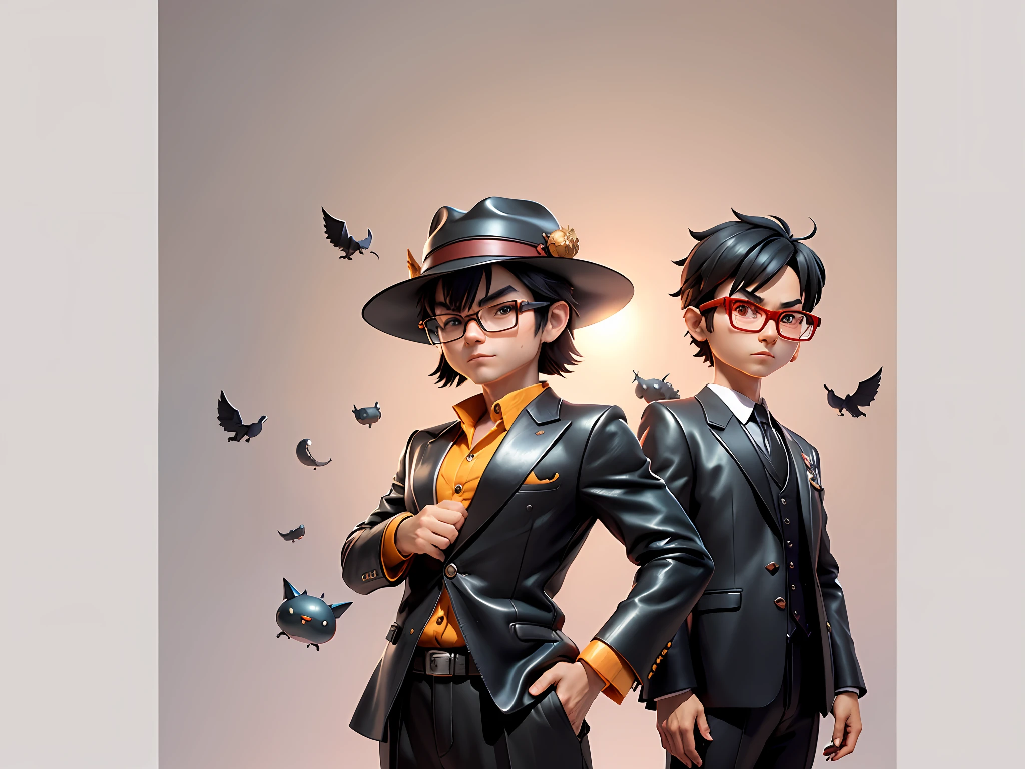 Young man with leather hat, tiger, dragon, oriental face in formal suit, short black hair, silver glasses, digital painting, 3D character design by Mark Clairedon and Pixar and Hayao Miyazaki and Akira Toriyama, the illustration is a high-definition illustration in 4K resolution with very detailed facial features and cartoon-style visuals.