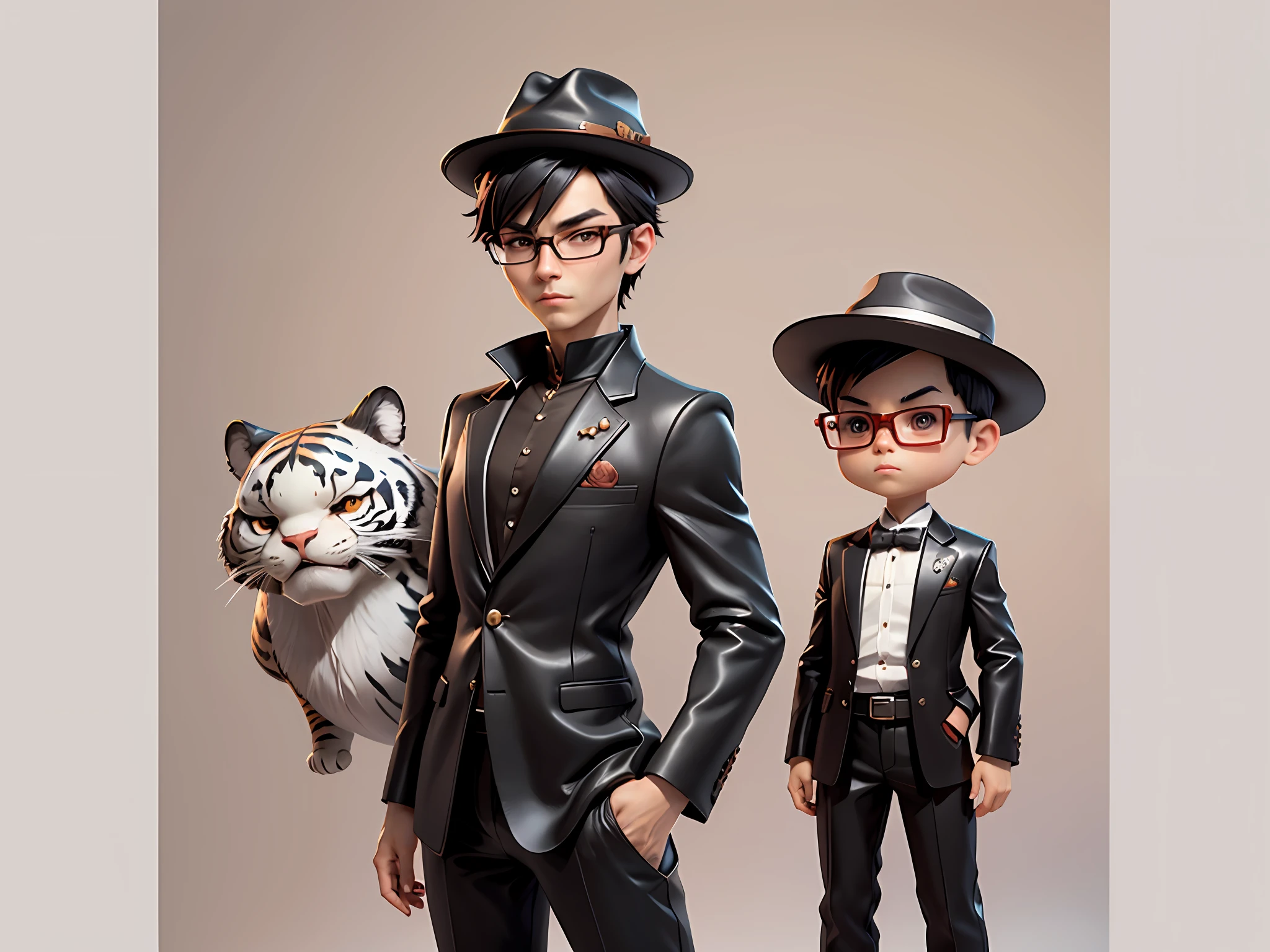 Young man with leather hat, tiger, dragon, oriental face in formal suit, short black hair, silver glasses, digital painting, 3D character design by Mark Clairedon and Pixar and Hayao Miyazaki and Akira Toriyama, the illustration is a high-definition illustration in 4K resolution with very detailed facial features and cartoon-style visuals.