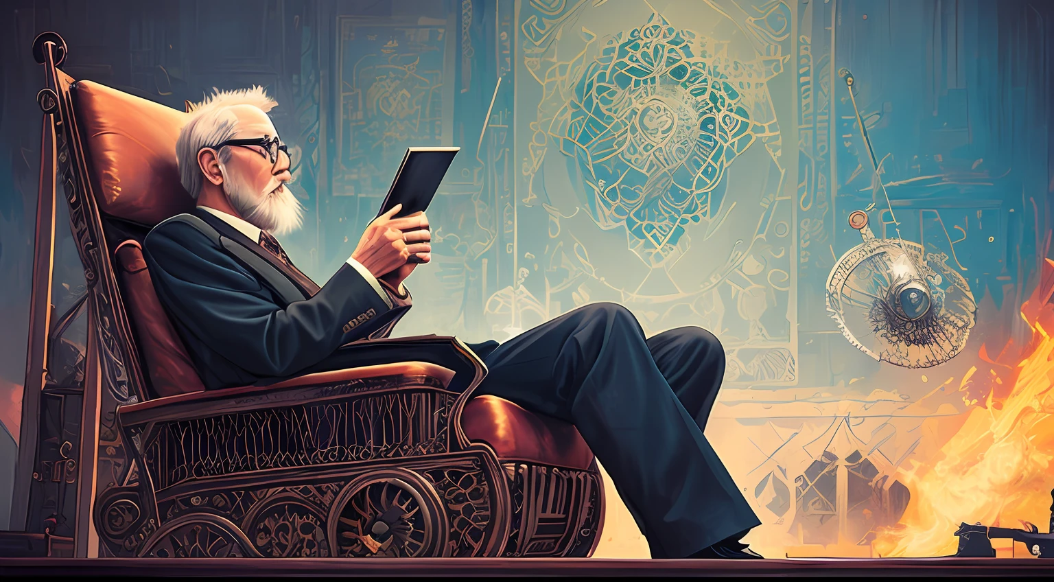 oldman in chair, complex stuff around, intricate in the background, art, close up, painting, detailed, cartoon, cinematic shot, fantasy, low saturation, vignette, [hdr]