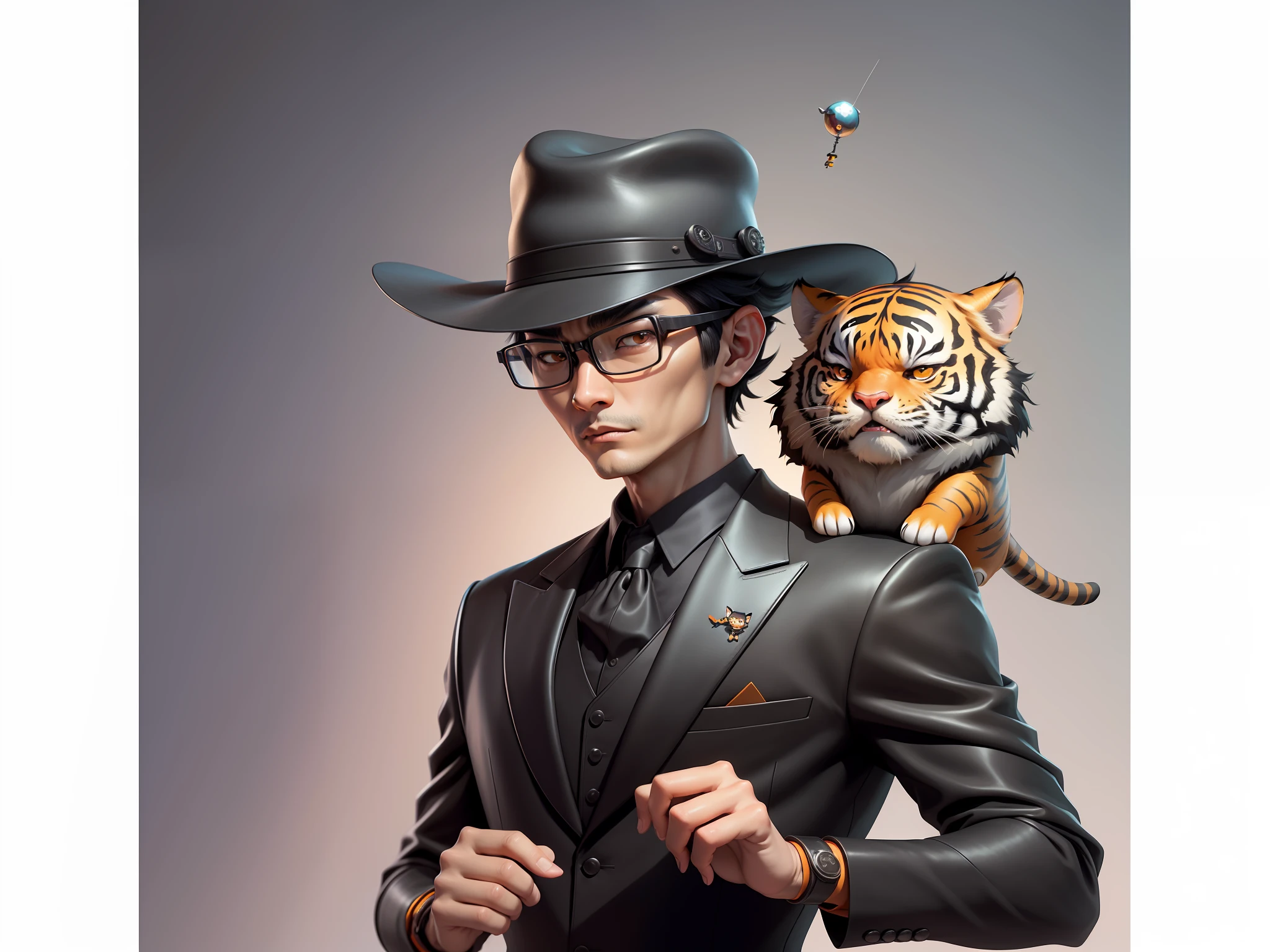 Young man with oriental face in leather hat, tiger, oriental face in formal suit, short black hair, silver glasses, digital painting, 3D character design by Mark Clairedon and Pixar and Hayao Miyazaki and Akira Toriyama, the illustration is a high-definition illustration in 4K resolution with very detailed facial features and cartoon-style visuals.