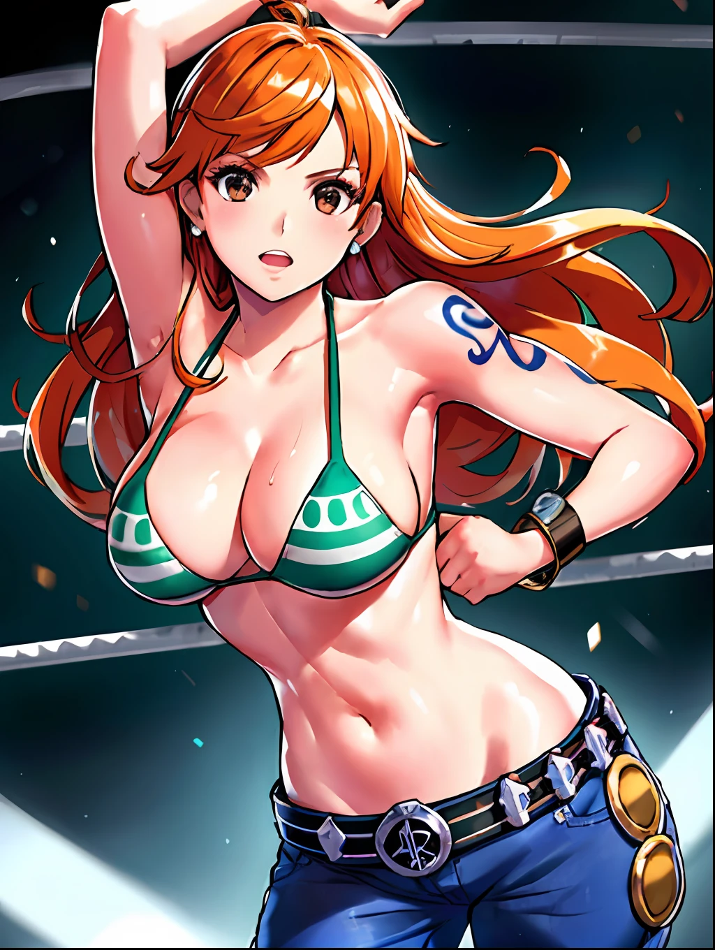 WALLPAPER, detailed background, swift, wrestling stage, wrestling match, ((((drop kick, armpits: 1.1, victory pose: 1.8, very strong girl, bulky muscles))), masterpiece, 4k, (wwe:1.1), turnbuckle, (((wrestling ring cables behind))), wrestling robes, epic, best quality, late youth, adult, wrestler body, strong, 1girl, active, energic, (large mouth) , solo, nami \(one piece\), 1girl, bangle, (open mouth, serious, glaring, open eyes, perfect detailed face, round face, sweat on face) bold drawing lines, muscular arms, detailed bold arm lines, flat jaw, adult woman, wavy wide streaked bangs, floating bang, (big cheeks), bare shoulders, belt, bikini, bikini top only, bracelet, springy breasts, breast lines, big round eyes, very big brown shiny eyes, high eye position, cleavage, denim, earrings, floating hair, shiny hair, green belt, green bikini, bold groin lines, jeans, jewelry, medium breasts, log pose, long hair, looking at viewer, big navel, wet hair, orange hair, pants, shoulder tattoo, sidelocks, solo, standing, stomach, swimsuit, tattoo, looking at viewer, open mouth, detailed left arm, big forehead, hourglass figure, small head, toned body, wide hair, wind effect, narrow small ears angle, older, (((midsection shot only))),