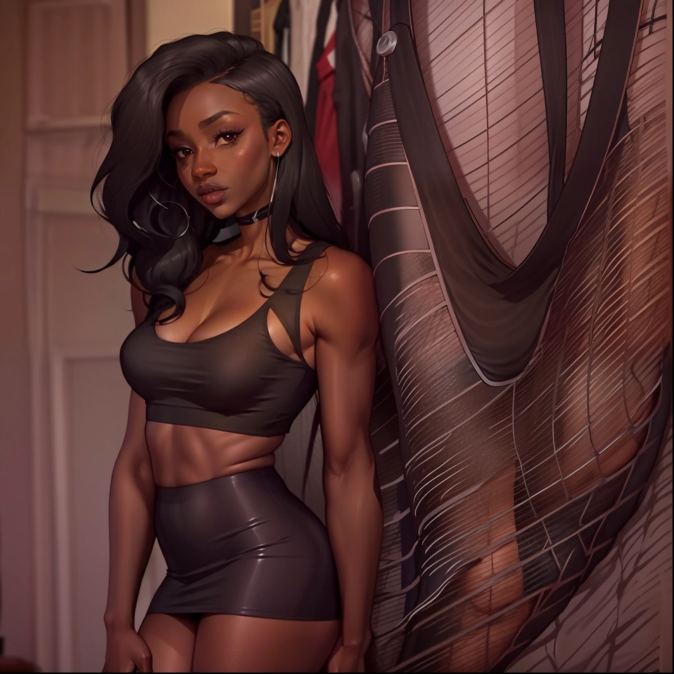 dark skinned female with long black hair, wearing fishnets, wearing mesh sleeveless top, wearing black mini skirt, in bedroom