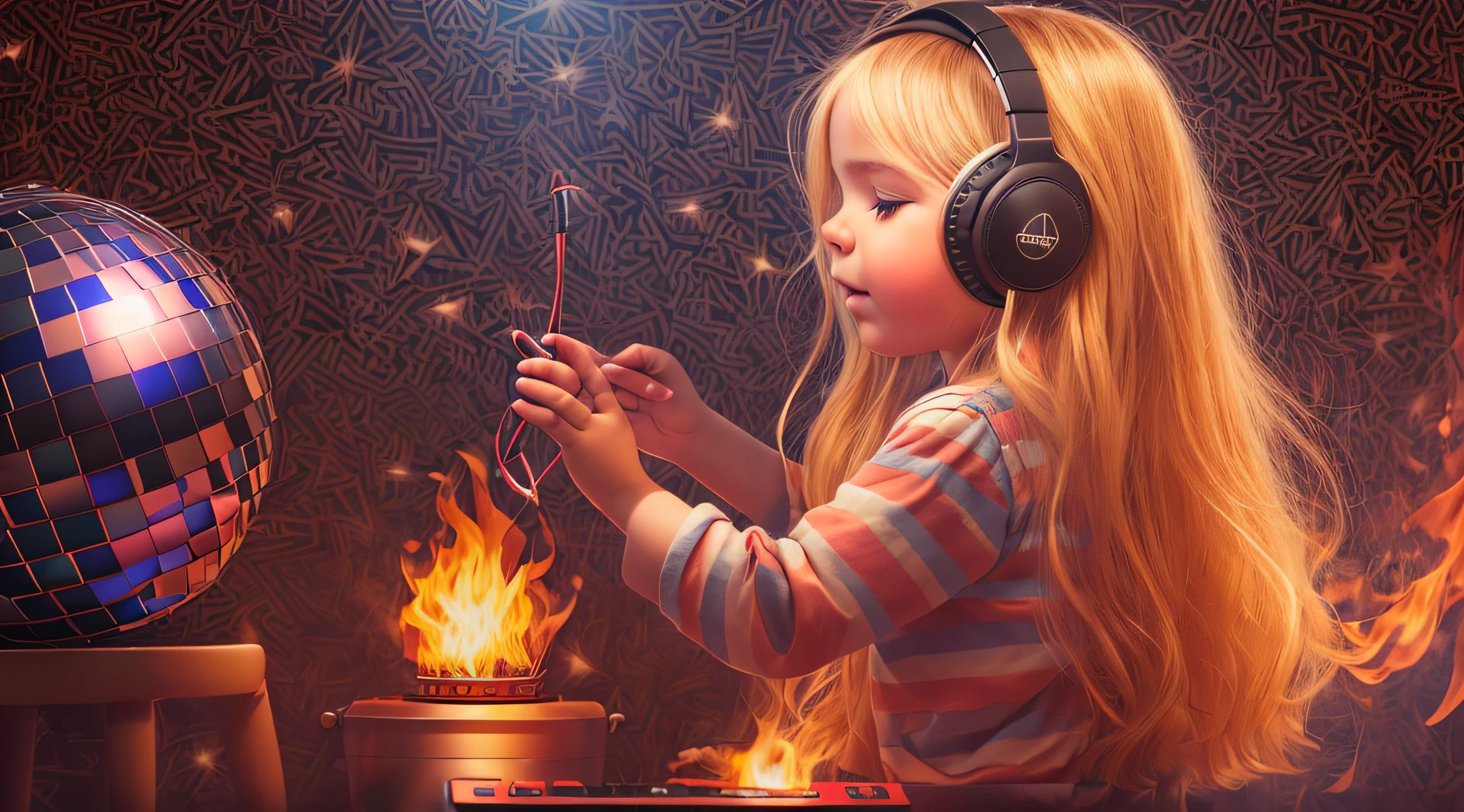 CHILD BLONDE LONG HAIR USING a headphone , fire, segurando uma disco ball