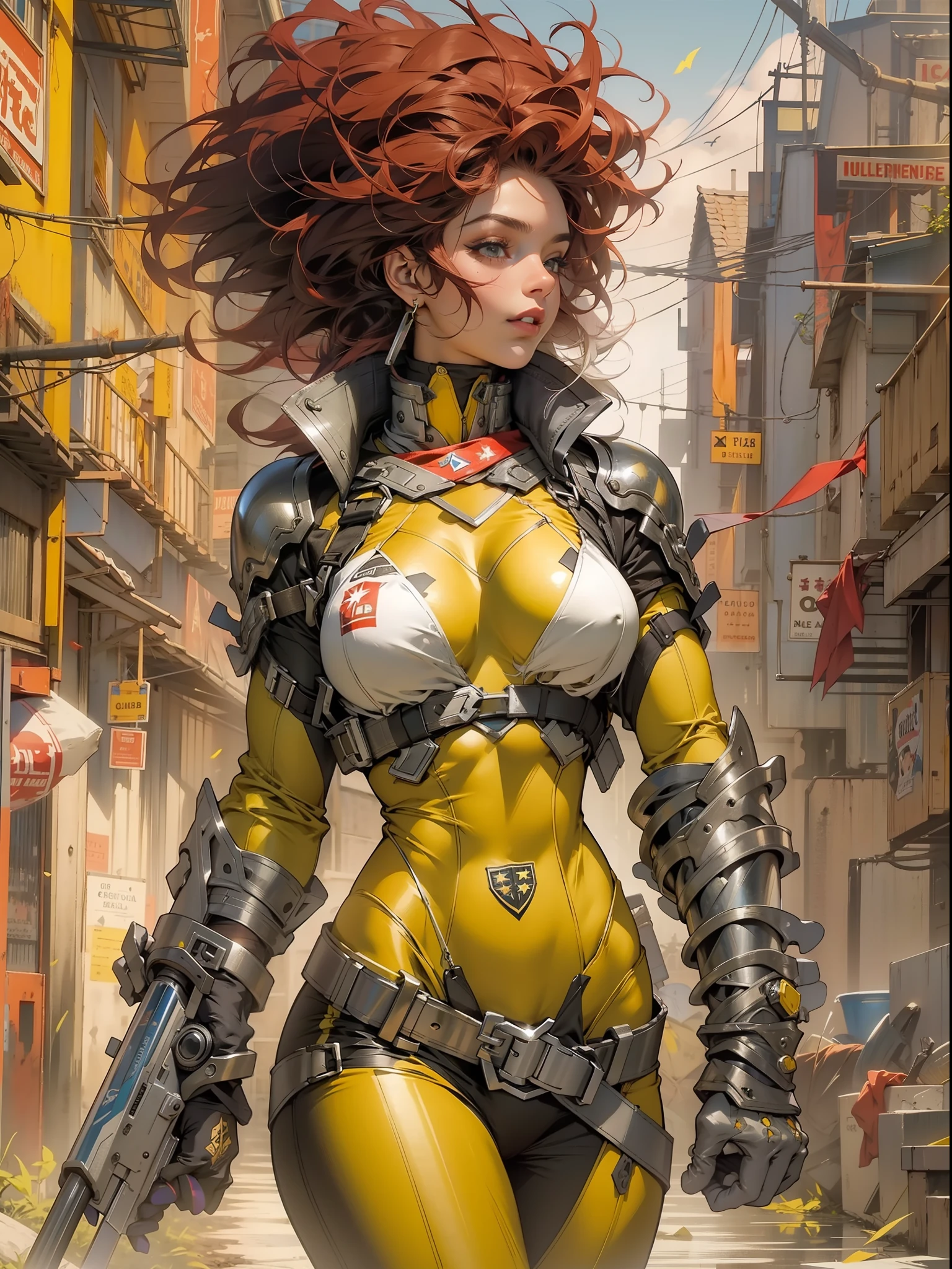 (((mulher))), (((melhor qualidade))), (((obra prima))), (((adulta))), Uma guerreira mulher de 35 anos com corpo perfeito, Brooklyn Gladiators, hand with steel gloves and metal tips, (( under boobs )), quase nua no estilo selvagem urbano de Simon Bisley para a capa da revista 2000 A.D., cabelo loiro, Minimum clothing, armadura (roupa feita com a bandeira do Reino Unido 🇬🇧 ), cheio de pontas e rebites manchadas de tinta, tatuagem de estrelas de 5 pontas, (((corpo inteiro))), cabelo preto curto com franja branca cobrindo a testa