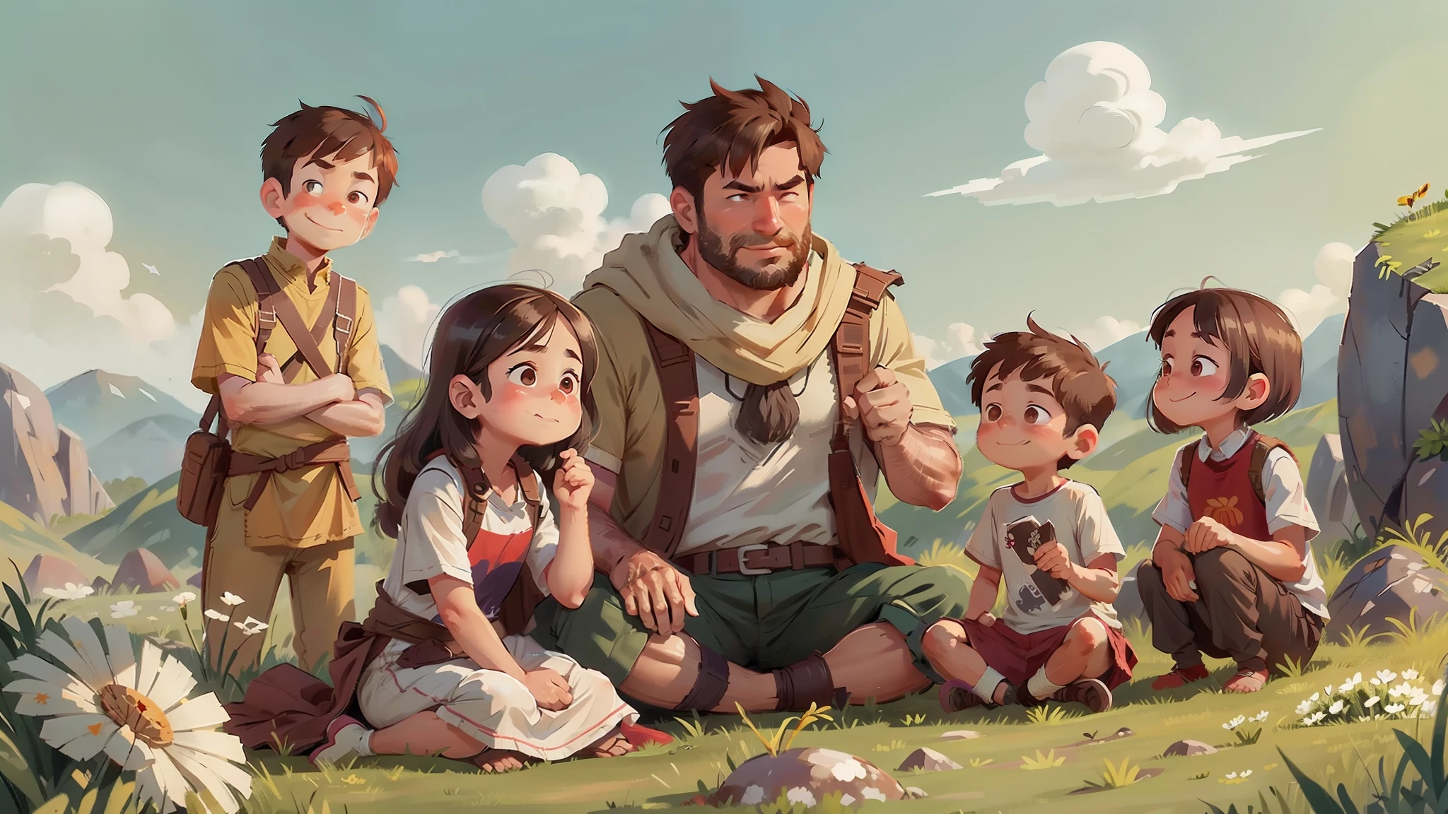 strong and handsome man, Short brown hair with soft expression, Smile and serene levers, very masculine face, broad chin, strong jaw, Teaching for several people in the grassy field, white Indian style clothes, beautiful grassy field, very bright , beautiful day, Scenery of a grassy field on top of a mountain range, clear sky with white clouds, people admiring it, memorable scene, audience 6 people,