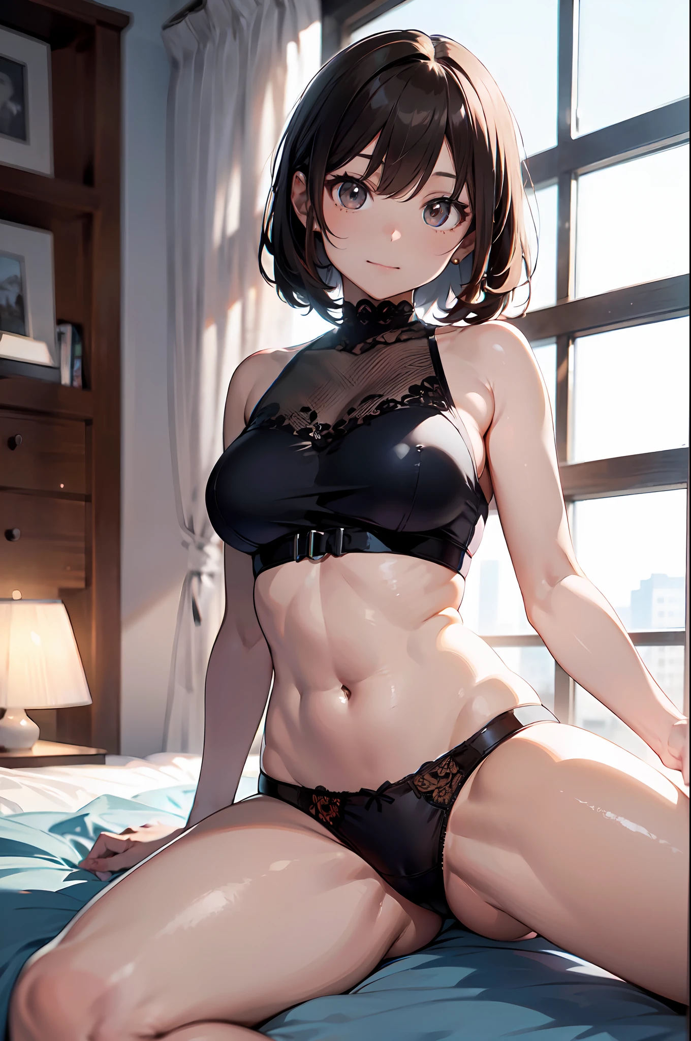 ((Night, Real Light, Top Quality, 8k, Masterpiece: 1.3)), Normal Body Shape: 1.4, (Brown Hair, Colossal: 1.8), Sexy Underwear, Lying on Bed, Open Legs, Ultra Detailed Face, Detailed Eyes, Double Eyelids