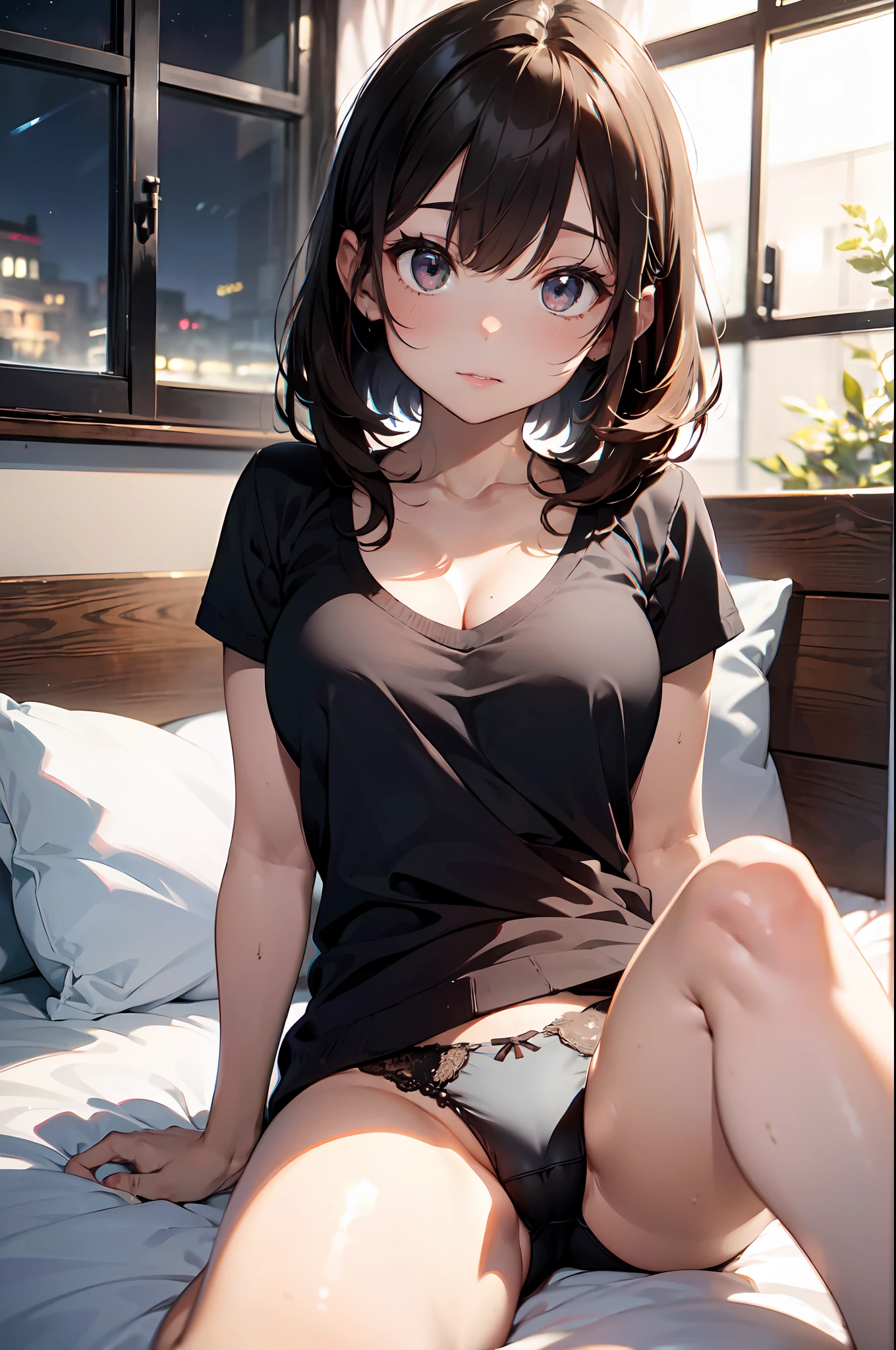 ((Night, Real Light, Top Quality, 8k, Masterpiece: 1.3)), Normal Body Shape: 1.4, (Brown Hair, Colossal: 1.8), Sexy Underwear, Lying on Bed, Open Legs, Ultra Detailed Face, Detailed Eyes, Double Eyelids