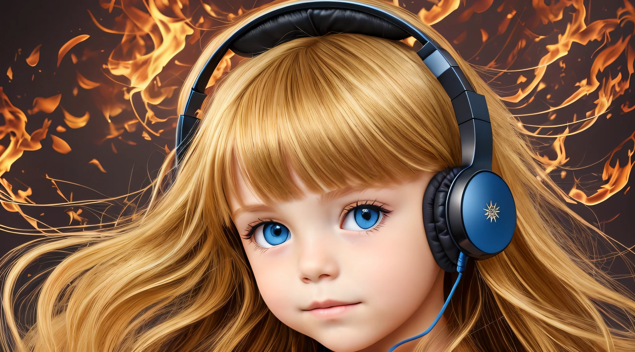 CHILD BLONDE LONG HAIR USING a headphone , fire, segurando uma disco ball