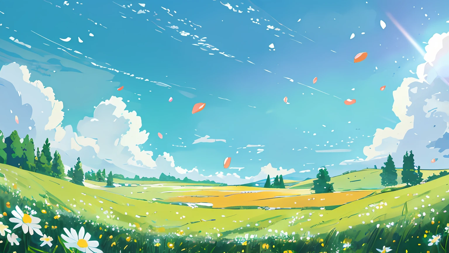 Illustration of a beautiful meadow with blooming daisies, Close-up of flowers、Lots of petals fluttering、Anime Background, Anime Background Art, background artwork, Background art, anime landscape wallpapers, anime countryside landscape, meadow background, anime movie background, Field Background, detailed scenery —width 672, background is heavenly, colorful anime movie background, landscape artwork, high quality desktop wallpaper, anime nature wallpap