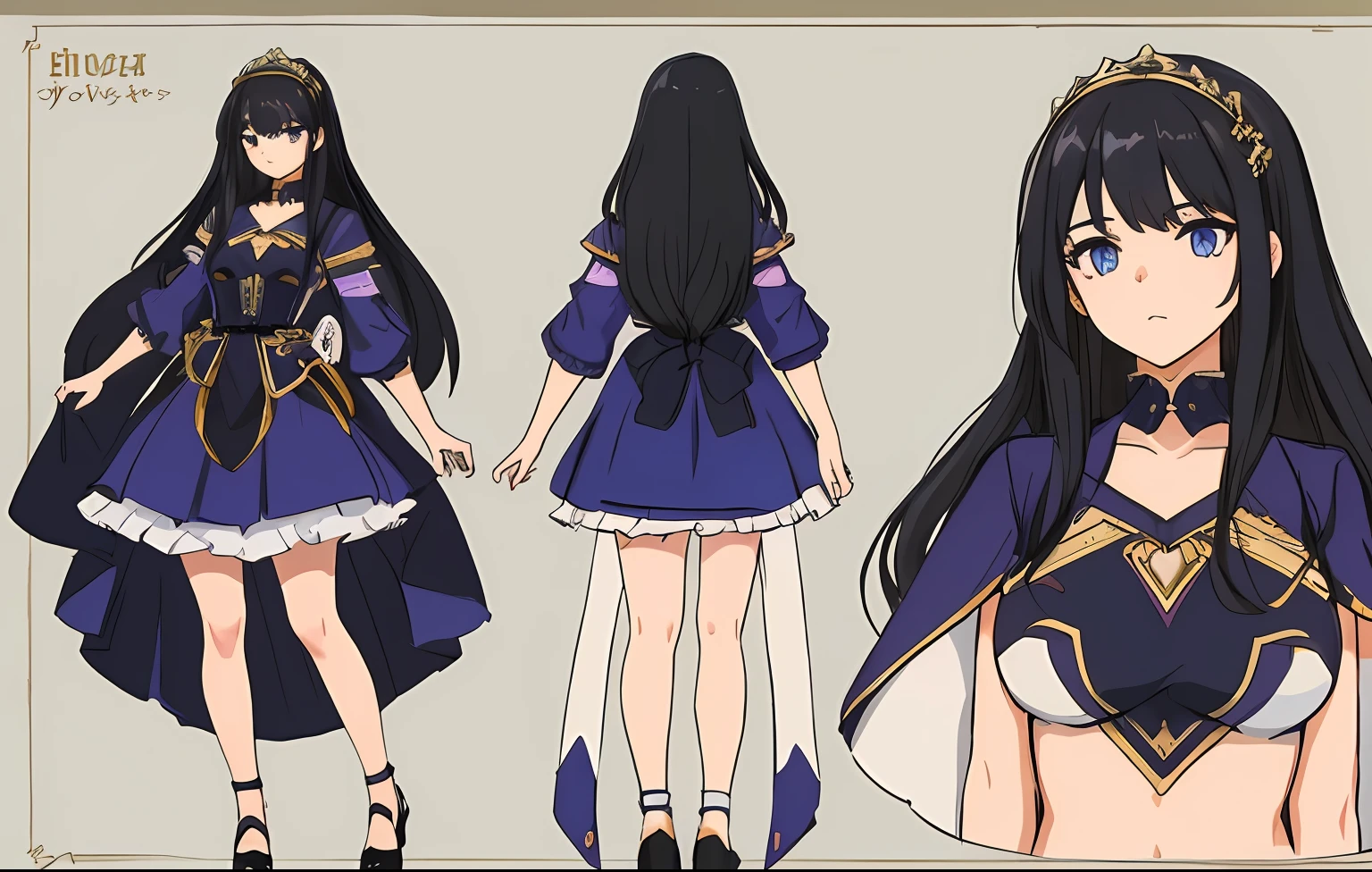 charturnerv2, 1girl, full body, black hair, long hair, blue eyes, purple dress with blue details, queen, same outfit, concept-art, full body, detail_face, line_sketch, PlanIt, official art, official alternate costume, design style, multi style, detail character, 4_side, original, 8K GC, massive detail, multiple views of the same character, no background, only detail character, technical illustration, multiple views,masterpiece,best quality