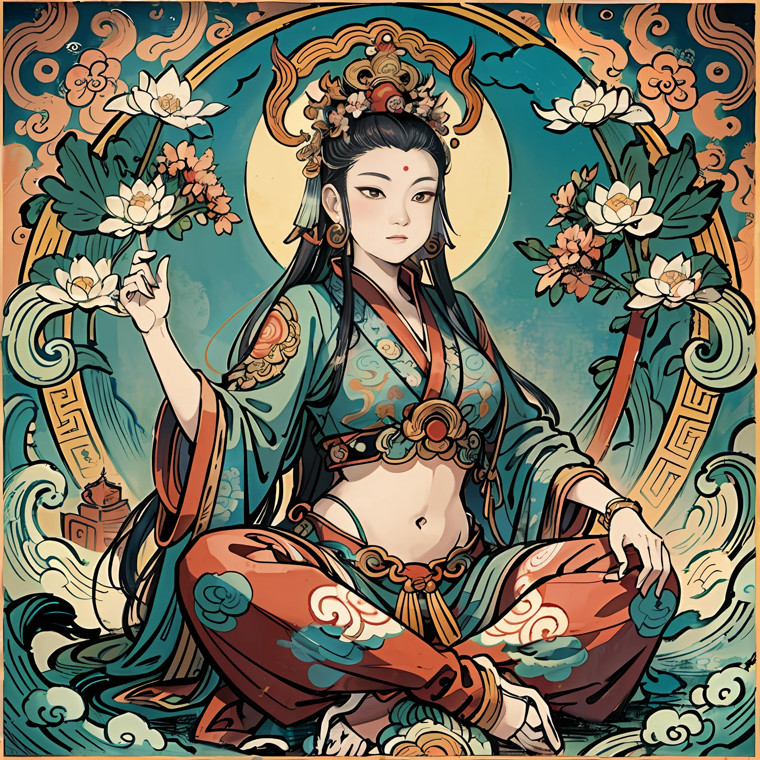 an ancient Chinese goddess, guanyin of the southern seas, Guanyin, Inspired by India, Avalokiteshvara rides a phoenix,,Serene expression,shui mo hua,Buddha,Buddhist,Lotus,Chinese painting style,Thangka style