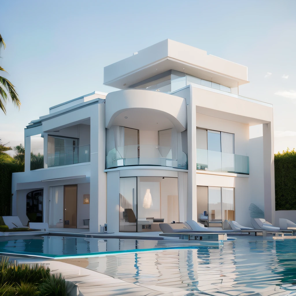 arafed view of a modern house with a pool and patio, high quality rendering, all white render, award winning render, architectural visualisation, breathtaking render, award-winning render, elegant render, architectural visualization, luxcore render, stunning render, architectural render, architectural 3 d render, architectural rendering, bright render, large modern residence, stuning 3 d render