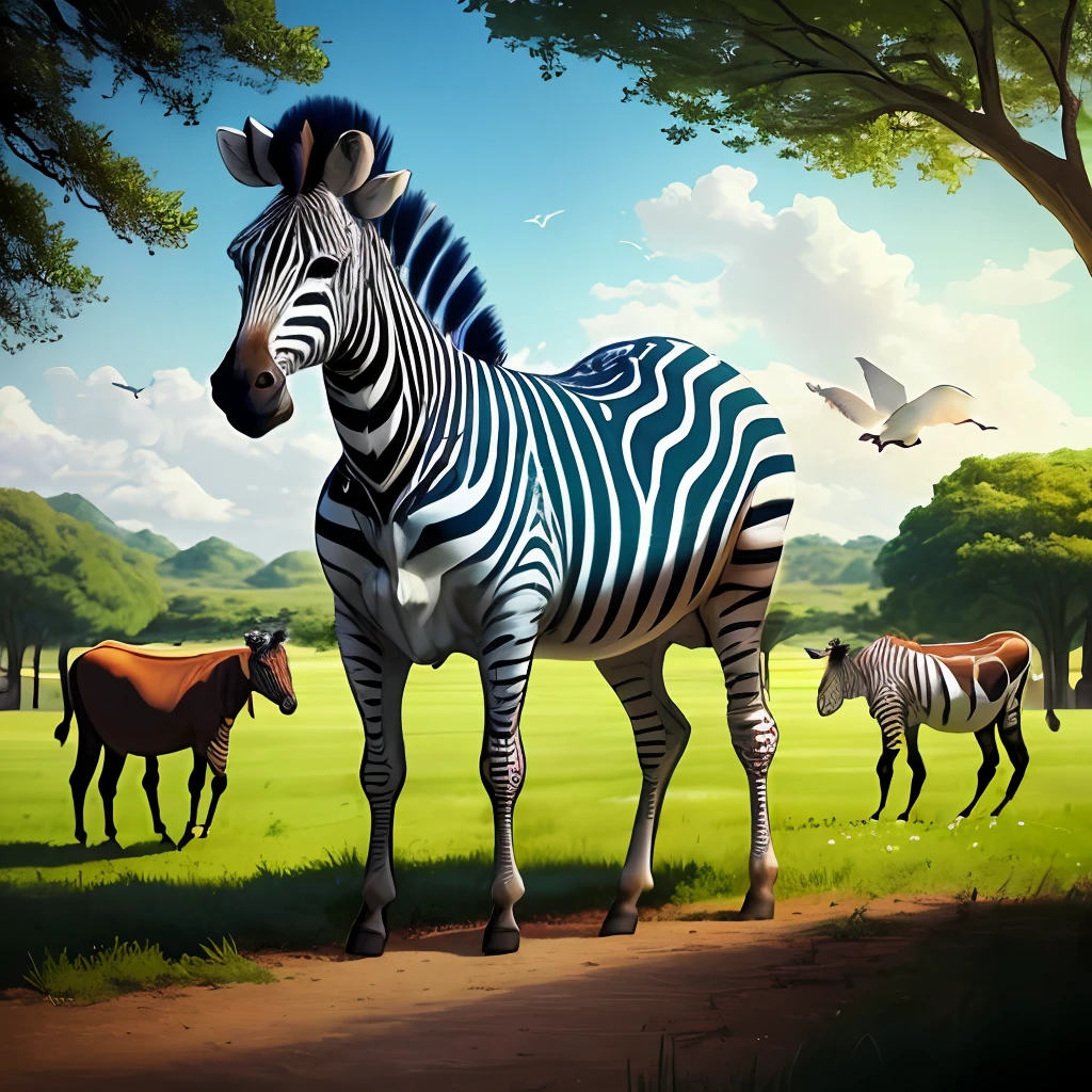 A zebra, two cow, farm,ten tree, blue sky ,  one big horse, two birds,