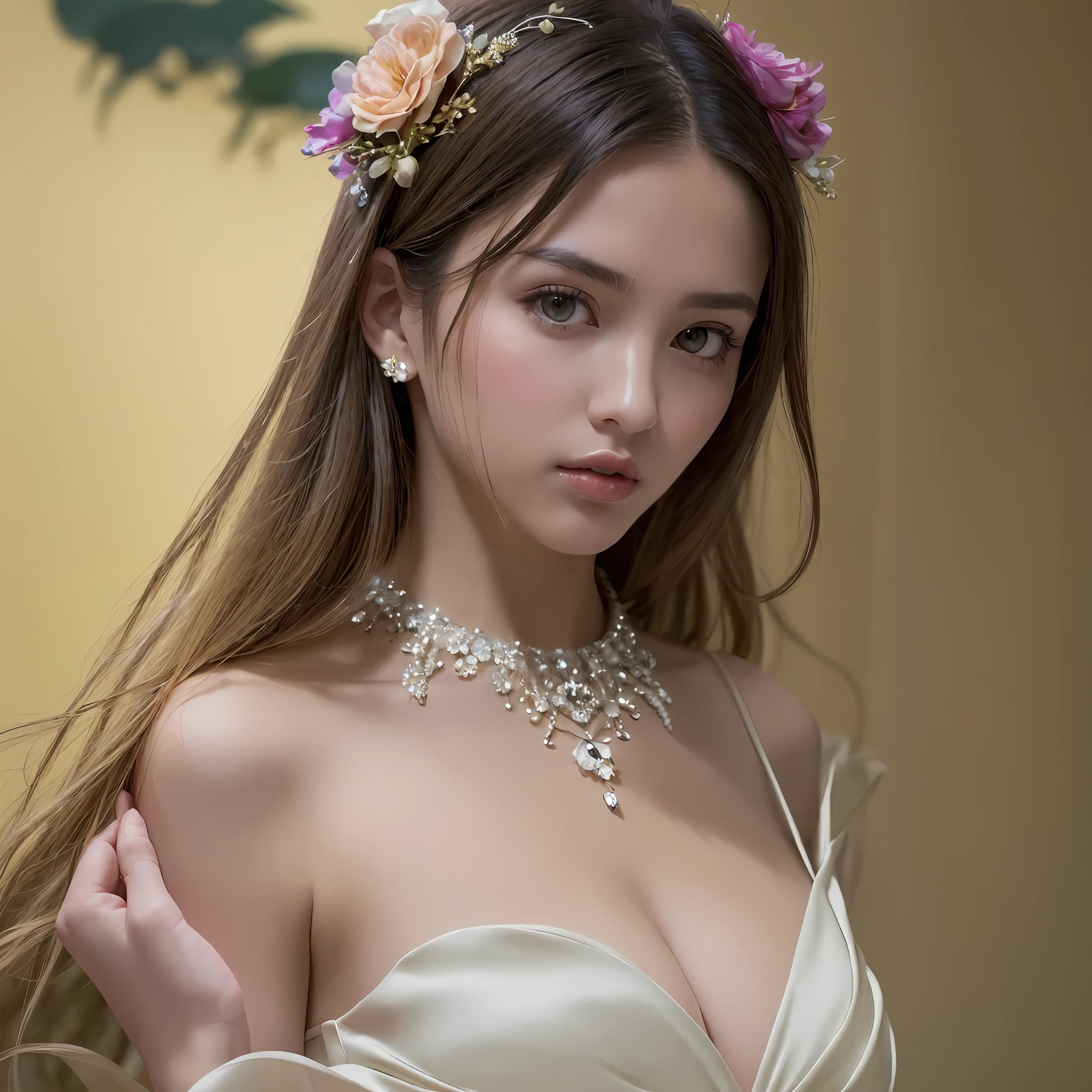 top-quality、masterpiece、超A high resolution、(Photorealsitic:1.5)、Raw foto、1girl in、murky、deep-shadows、Unobtrusive、cold light、sexy appearance、shorth hair、((very_short_hair))、((Luxury evening dresses))、((Luxurious painting))、((Luxurious necklace))、((Floral hair ornament))、((hair_ornament))
