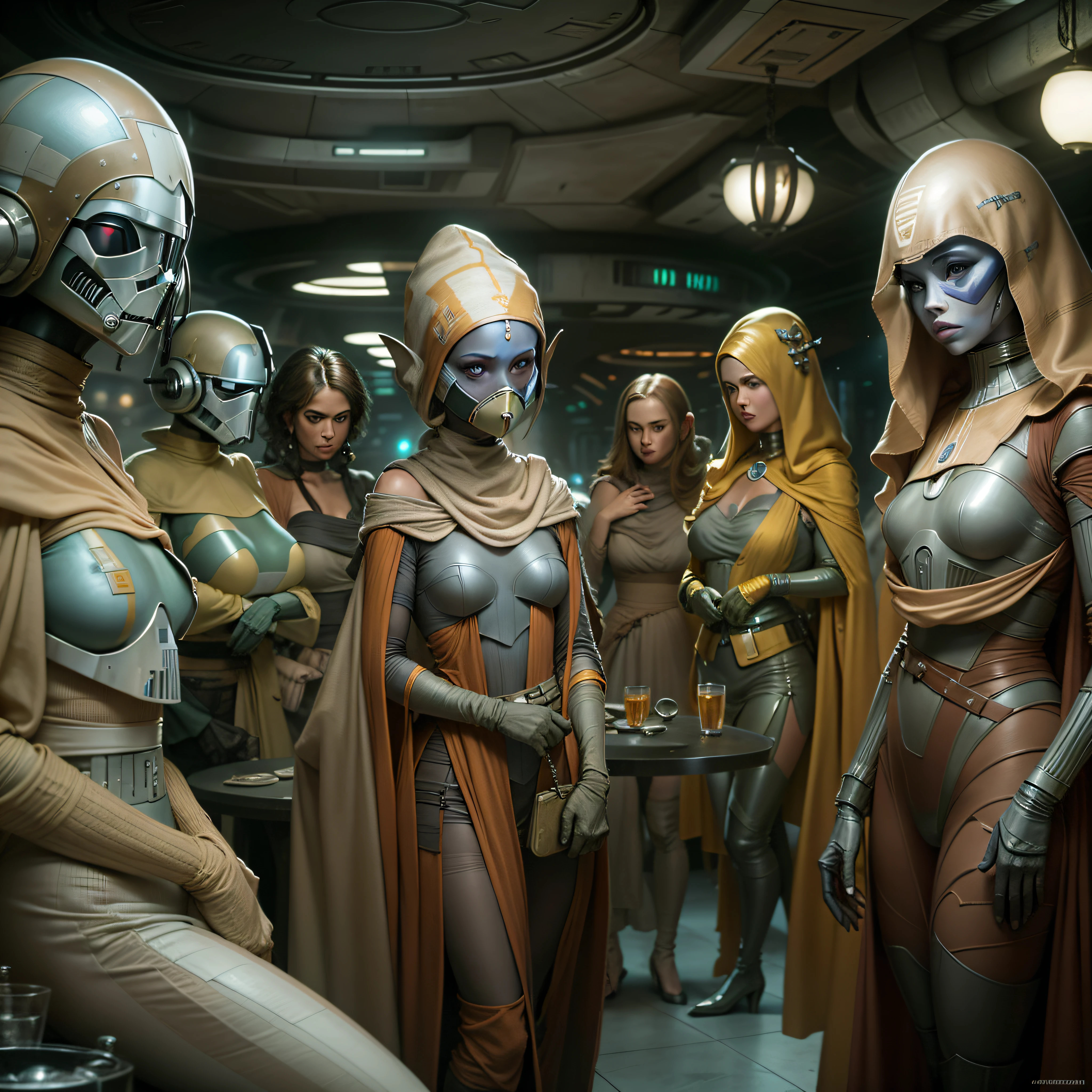 mujeres extraterrestres alienigenas al estilo star wars, se encuentran en una cantina ultramoderna de la ciudad de coruscant.