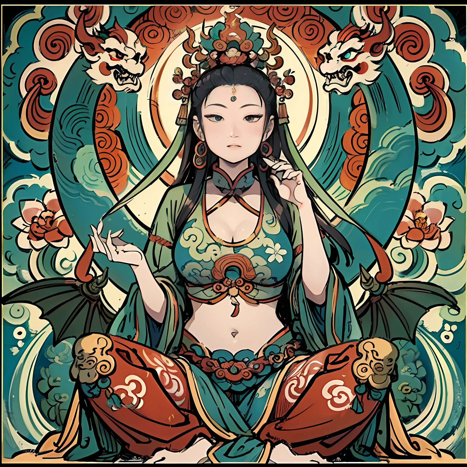 an ancient Chinese goddess, guanyin of the southern seas, Guanyin, Inspired by India, Avalokiteshvara rides a dragon,,Serene expression,shui mo hua,Buddha,Buddhist,Lotus,Chinese painting style,Thangka style
