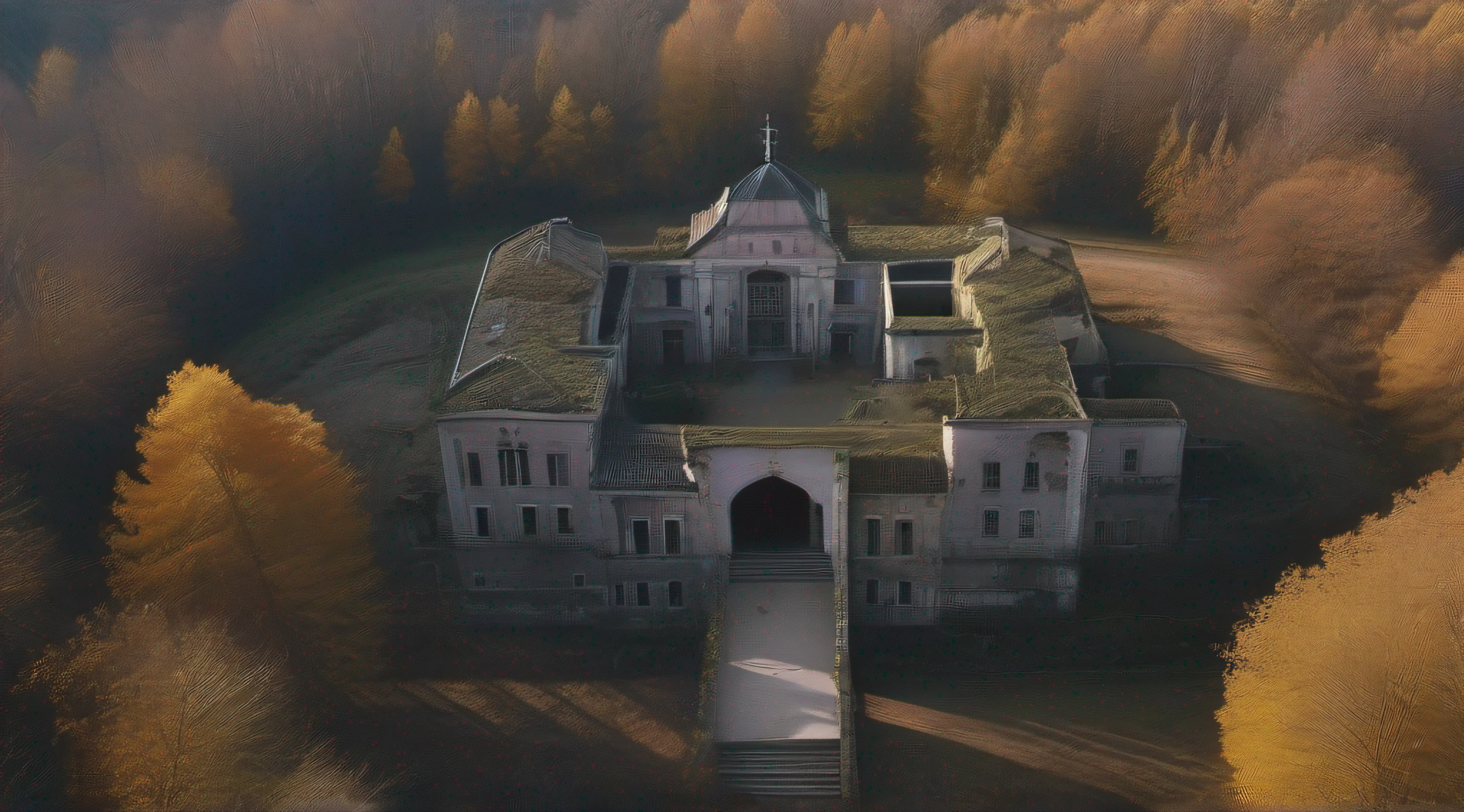 Majestic aerial shot at dusk in 'The Great Convent': The Oscar-winning film for Best Cinematography in 2023, directed by the visionary Andrei Tarkovsky. The AI specialized in image, equipped with an Arri Alexa camera and a 16mm lens, takes you on a hauntingly poetic journey from atop the ancient, dilapidated, and grimy ruins of the convent, nestled amidst a desolate and overgrown forest. Under Tarkovsky's masterful direction, the scene comes alive with enigmatic beauty and philosophical depth.

As the sun sets on the horizon, its warm golden rays paint the sky with orange and purple hues, casting an ethereal glow upon the weathered walls and broken windows of the forsaken building. Moss-covered stones and crumbling pillars stand as silent witnesses to the passage of time and the mysteries that lay buried within.

The camera glides gracefully through the melancholic atmosphere, capturing each detail with a poetic eye, revealing the poignant contrast between the fading grandeur of the past and the encroaching forces of nature. Tarkovsky's unique style weaves introspective contemplation into every frame, inviting the audience to reflect on the profound themes of existence and memory.

This captivating aerial shot is a true visual masterpiece, skillfully portraying the melancholy and nostalgia that envelops 'The Great Convent.' Under Andrei Tarkovsky's visionary direction, the film earned the prestigious Academy Award for Best Cinematography, showcasing the profound beauty that can be found even amidst ruin and decay, leaving a lasting impression on the hearts and minds of its viewers. 16k ultra realistic