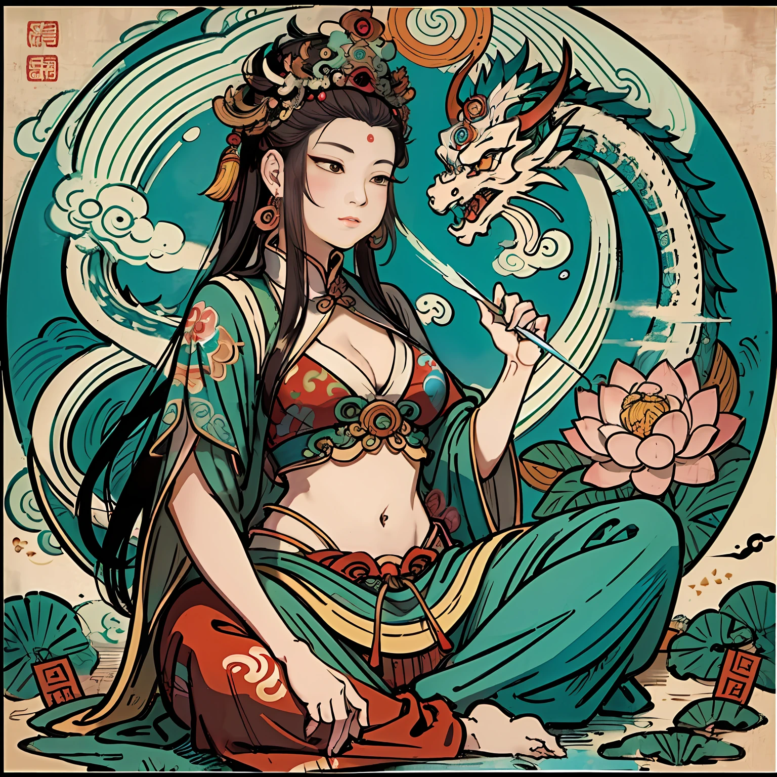 an ancient Chinese goddess, guanyin of the southern seas, Guanyin, Inspired by India, Avalokiteshvara rides a dragon,,Serene expression,shui mo hua,Buddha,Buddhist,Lotus,Chinese painting style,Thangka style