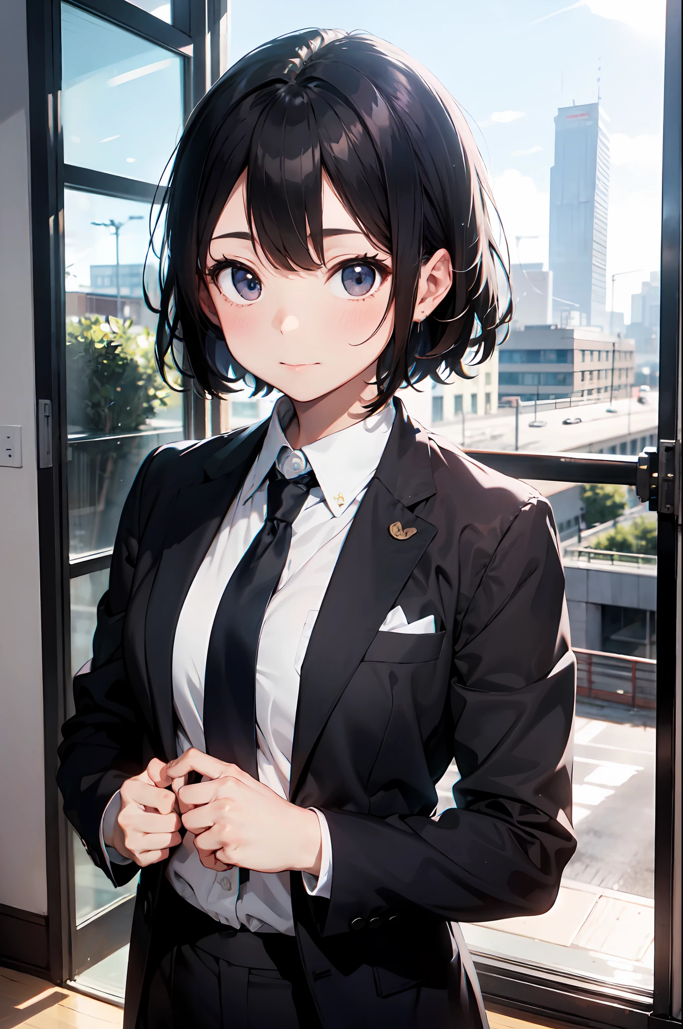 1boy, face focus, adult, business suit, jacket, white shirt, necktie, pants, best quality, hires, detailed face, office, buildings from window, detailed background, diffused sunlight, depth of field, bokeh
