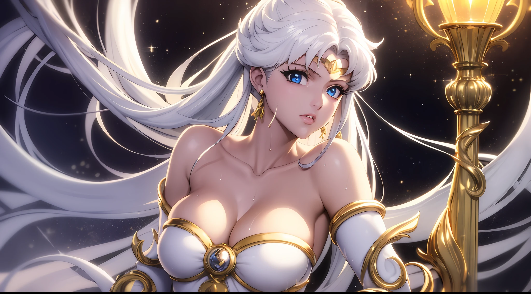 NSFW, ((beste-Qualit, 8K, tmasterpiece :1.3)), dramatic lighting, pretty woman, 1 girl, Sailor Moon, Detailed large eyes, tmasterpiece, Marble statue on the water (woman's) Sailor Moon, stone statue of Sailor Moon, Long limbs with good proportions, beautiful big breasts, Marble case, gold patterns on the body, big anime eyes, translucent open clothing, Wet, tmasterpiece, breath taking, Viewer, Full growth in the frame, Long white hair, gray hairs, Two bundles on the head, Odango hairstyle, The statue is decorated with gold, dressed in translucent sexy clothes, The Dark Cave, Spotlights, High contrast, Masterpiece, Highest Quality, The best picture quality, Cinematic lighting, photo-realistic