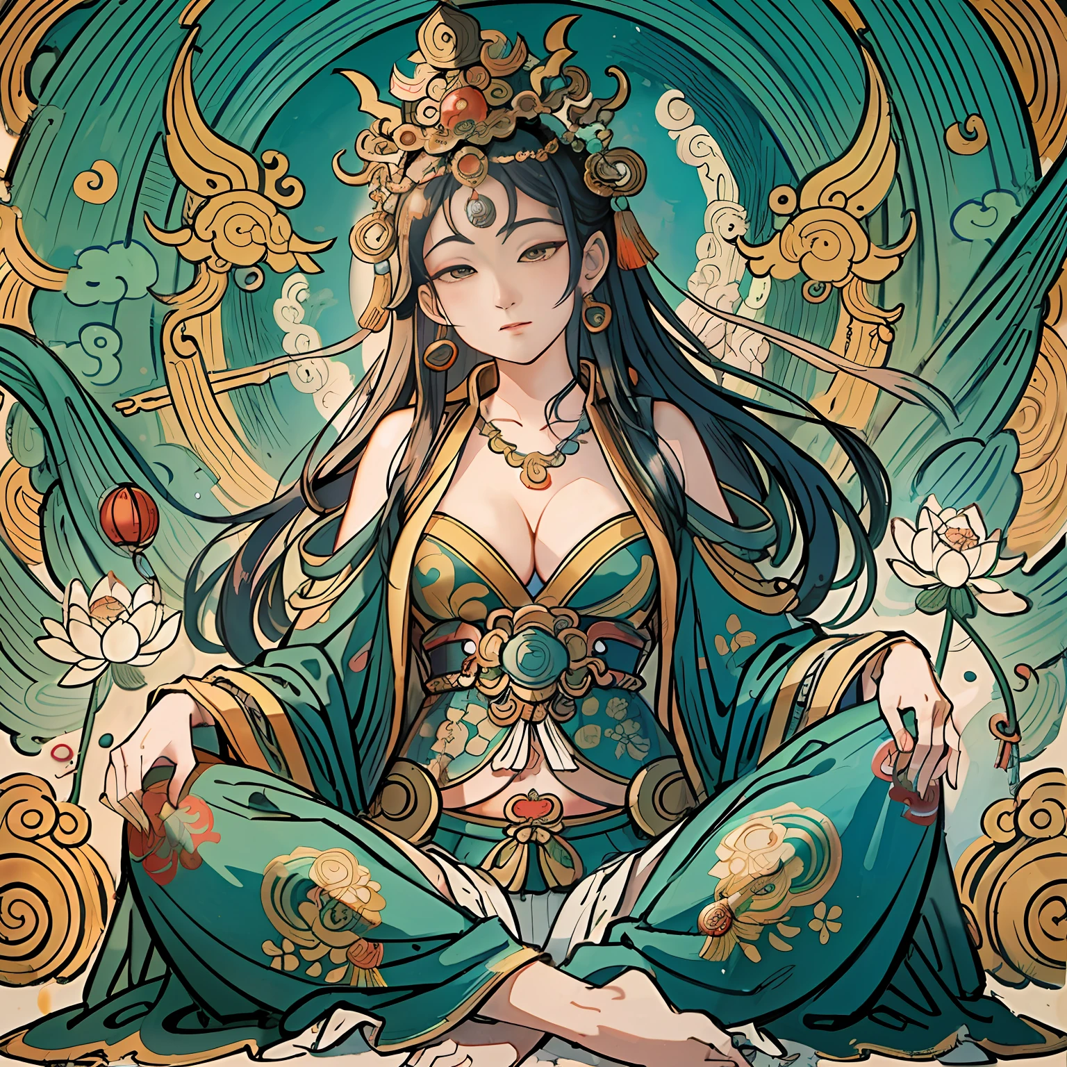 an ancient Chinese goddess, guanyin of the southern seas, Guanyin, Inspired by India, Avalokiteshvara,,Serene expression,shui mo hua,Buddha,Buddhist,Lotus,Chinese painting style,Thangka style
