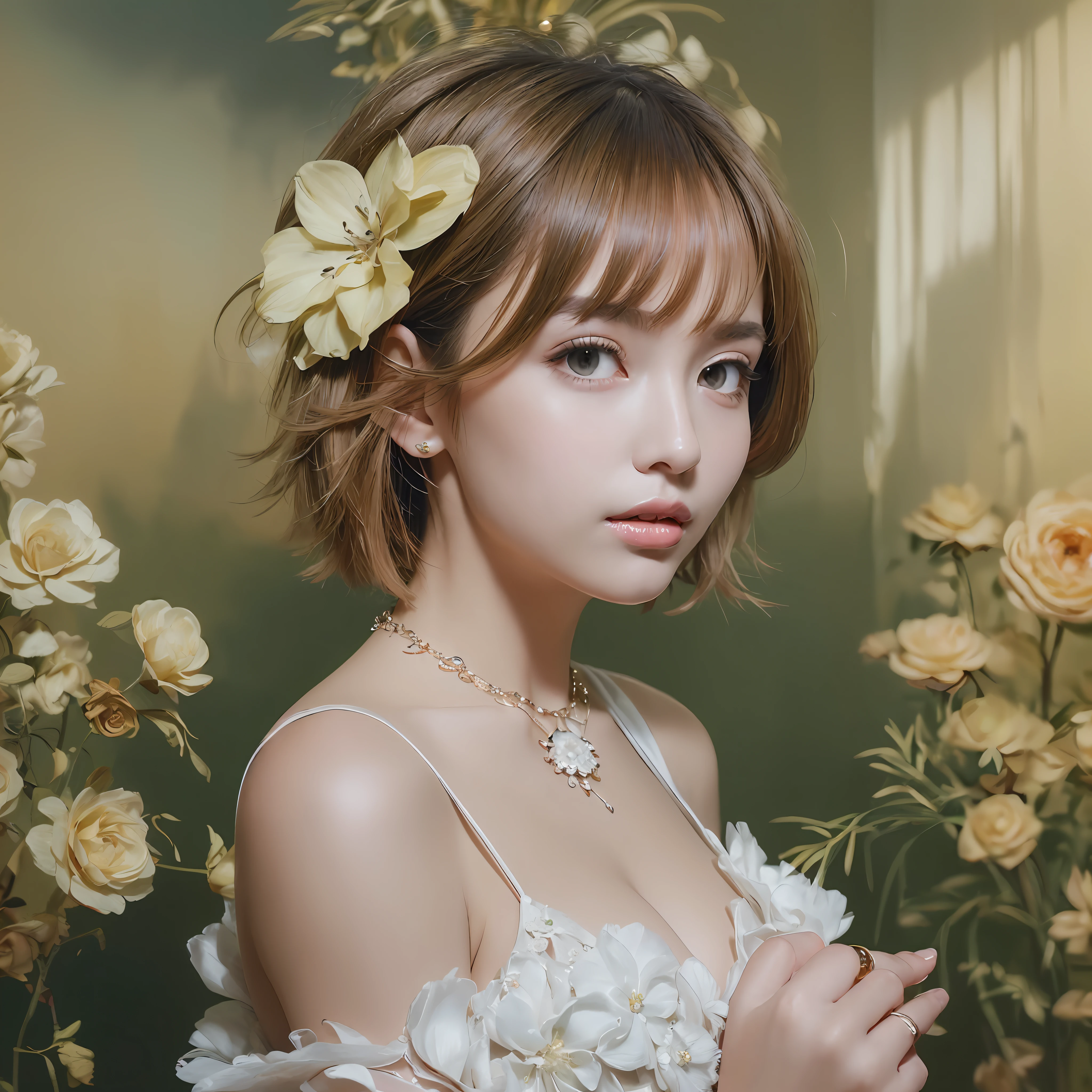 top-quality、​masterpiece、超A high resolution、(Photorealsitic:1.5)、Raw foto、1girl in、murky、deep-shadows、Unobtrusive、cold light、sexy appearance、shorth hair、((very_short_hair))、((Luxury evening dresses))、((Luxurious painting))、((Luxurious necklace))、((Floral hair ornament))、((hair_ornament))