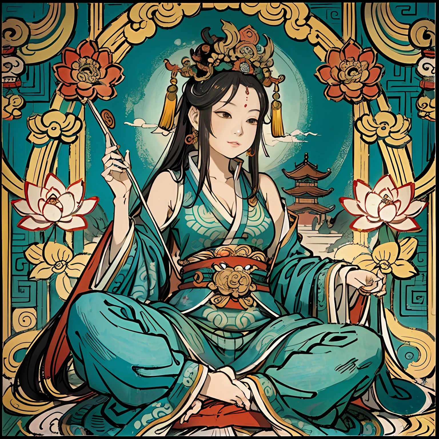 an ancient Chinese goddess, guanyin of the southern seas, Guanyin, Inspired by India, Avalokiteshvara,,Serene expression,shui mo hua,Buddha,Buddhist,Lotus,Chinese painting style,Thangka style