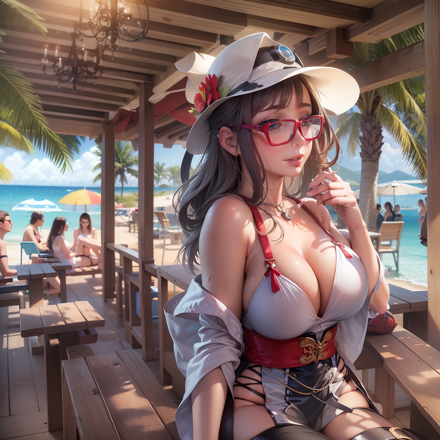 (realistic:1.5),1 girl,bianca,huge breasts, stockings ,4K ,8K, perfact face,blushing, blu eyes,red glasses, Crepuscular, sea, bright sun,sandals,beach,visor,corset,sea turtle,walking ,hair band,(wet skin), leaves, cloudy , big sun ,beach bar,