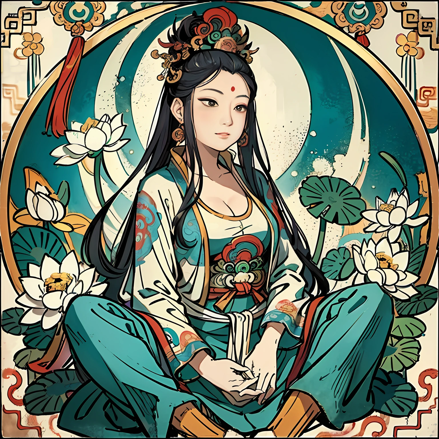 an ancient Chinese goddess, guanyin of the southern seas, Guanyin, Inspired by India, Avalokiteshvara，,Serene expression,shui mo hua,Buddha,Buddhist,Lotus,Chinese painting style,Thangka style