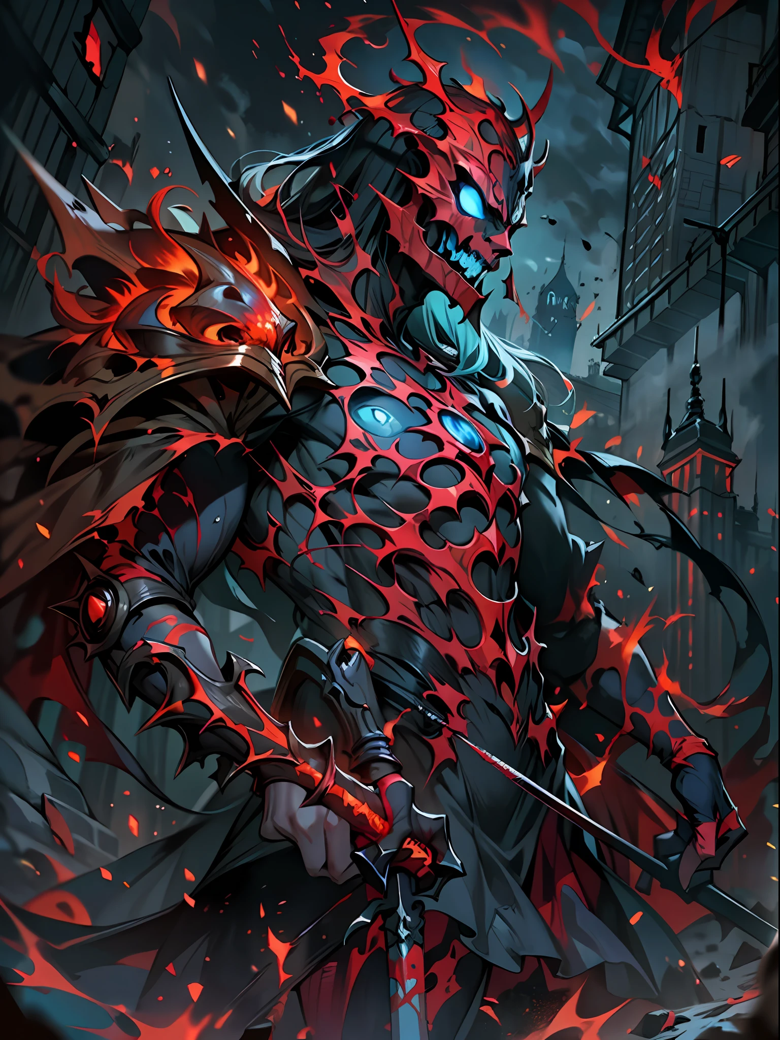 Hombre grande,marcas y simbolos por el cuerpo,pelo largo y lanco,capucha roja,Espada gigante de almas en pena,oscuro,almas,guantes demoniacos,armadura masiba,armadura de almas en pena,demonio, Fuego, caballo infernal de fuego y lava,ojos rojos,ojos azules brillante, infierno, apocalyptic,fin del mundo, Lado oscuro,ruina, guerra, Darksiders , ERA (Darksiders), obra dearte,guerrero,enviado del infierno,Horseman of the Apocalypse,muerte,sangre,destruccion,hambre,lucha,furia,ciudad debastada,edificios en ruinas,calles destruidas,pobo y particulas en el aire,muchas victimas alrededor,demonios muertos,demonios descuarisados y sangrando,espada clabada,espada enterrada,espada con sangre,mirada aterradora,misterio