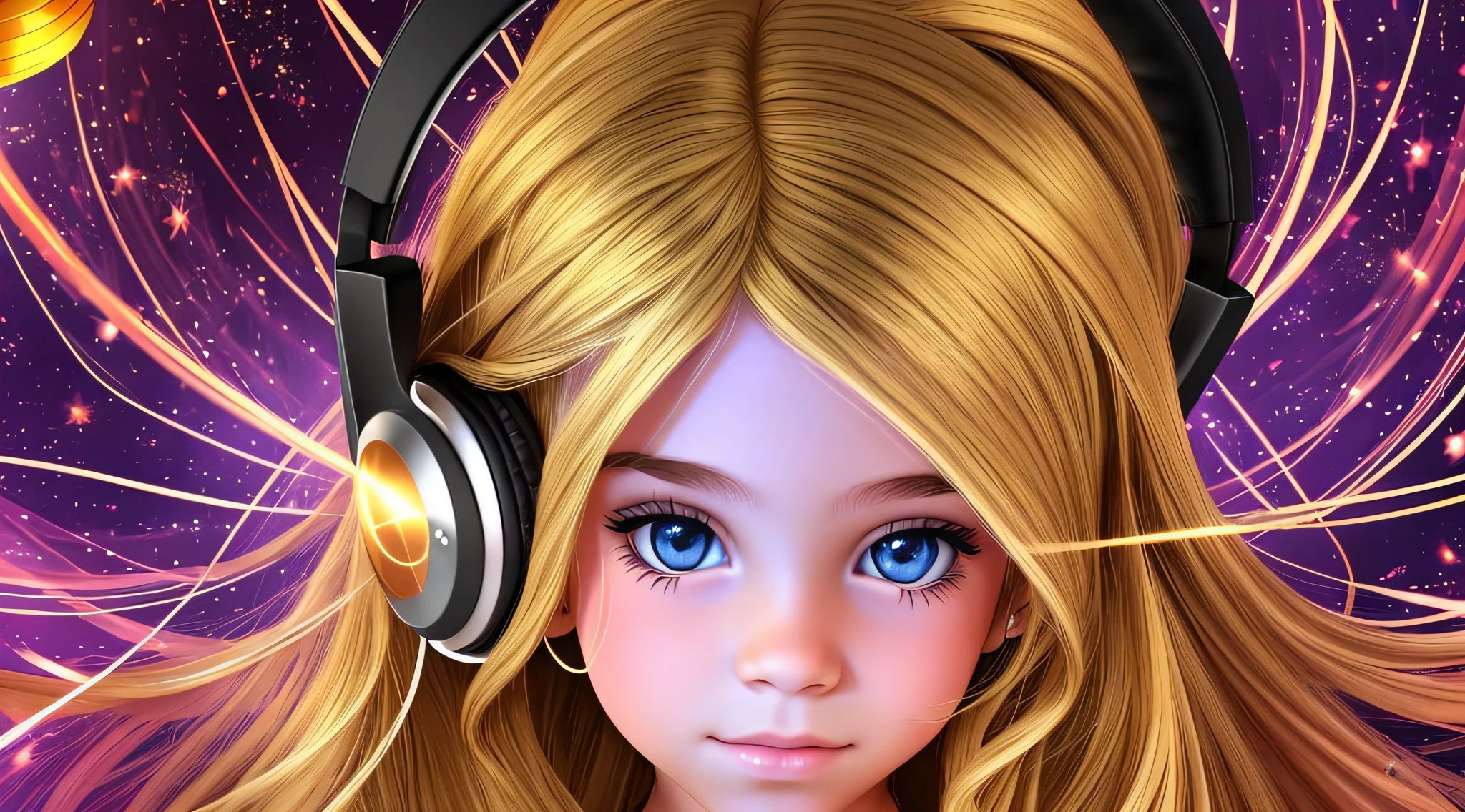 CHILD BLONDE LONG HAIR USING a headphone , fire, segurando uma disco ball