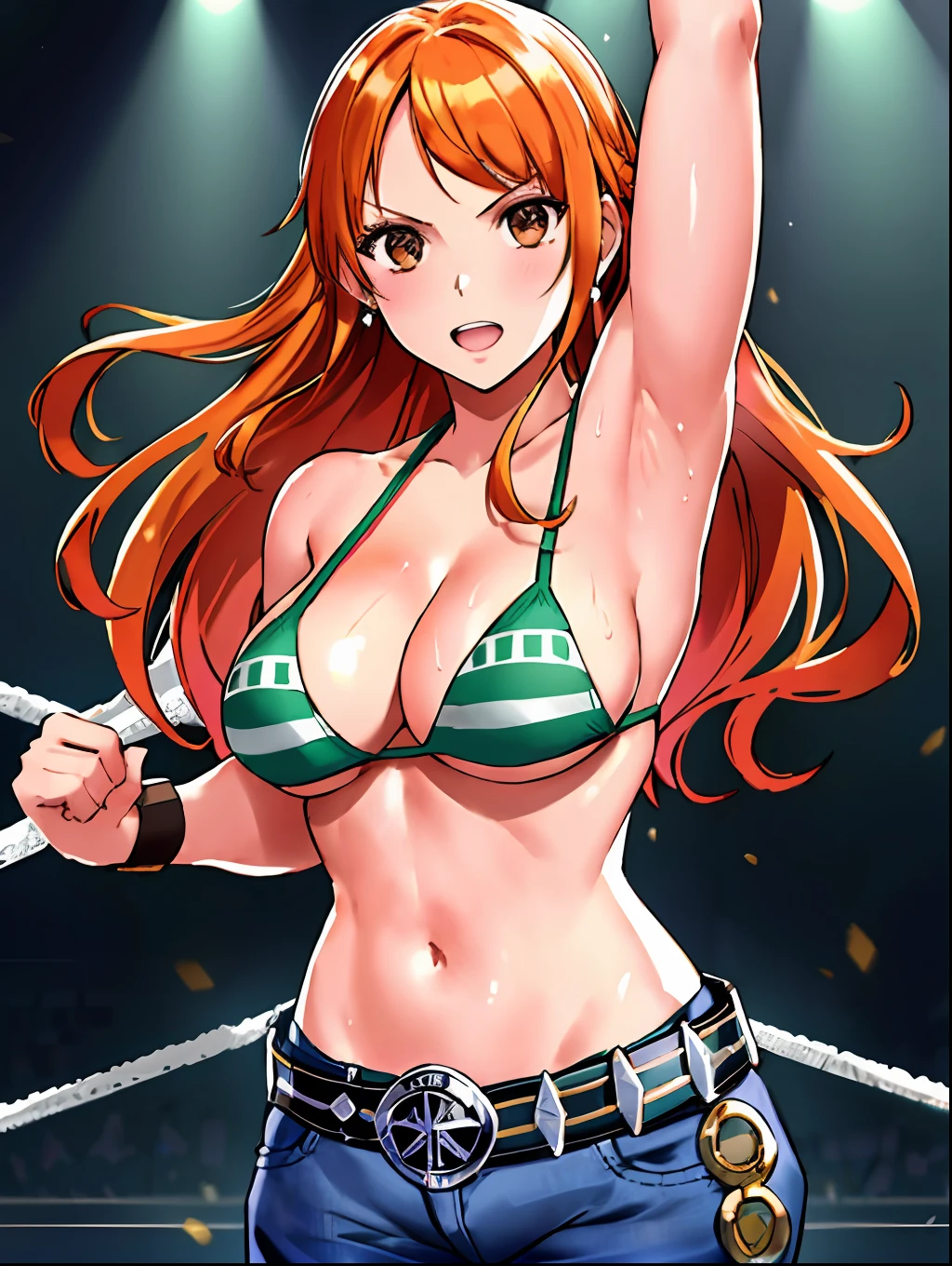 WALLPAPER, detailed background, swift, wrestling stage, wrestling match, ((((drop kick, armpits: 1.1, victory pose: 1.8, strong girl, muscles, hands behind head))), masterpiece, 4k, (wwe:1.1), turnbuckle, (((wrestling ring cables behind))), wrestling robes, epic, best quality, late youth, adult, wrestler body, strong, 1girl, active, energic, (large mouth) , solo, nami \(one piece\), 1girl, bangle, (open mouth, serious, glaring, open eyes, perfect detailed face, round face, sweat on face) bold drawing lines, muscular arms, detailed bold arm lines, flat jaw, adult woman, wavy wide streaked bangs, floating bang, (big cheeks), bare shoulders, belt, bikini, bikini top only, bracelet, springy breasts, breast lines, big round eyes, very big brown shiny eyes, high eye position, cleavage, denim, earrings, floating hair, shiny hair, green belt, green bikini, bold groin lines, jeans, jewelry, medium breasts, log pose, long hair, looking at viewer, big navel, wet hair, orange hair, pants, shoulder tattoo, sidelocks, solo, standing, stomach, swimsuit, tattoo, looking at viewer, open mouth, detailed left arm, big forehead, hourglass figure, small head, toned body, wide hair, wind effect, narrow small ears angle, older, (((midsection shot only))),
