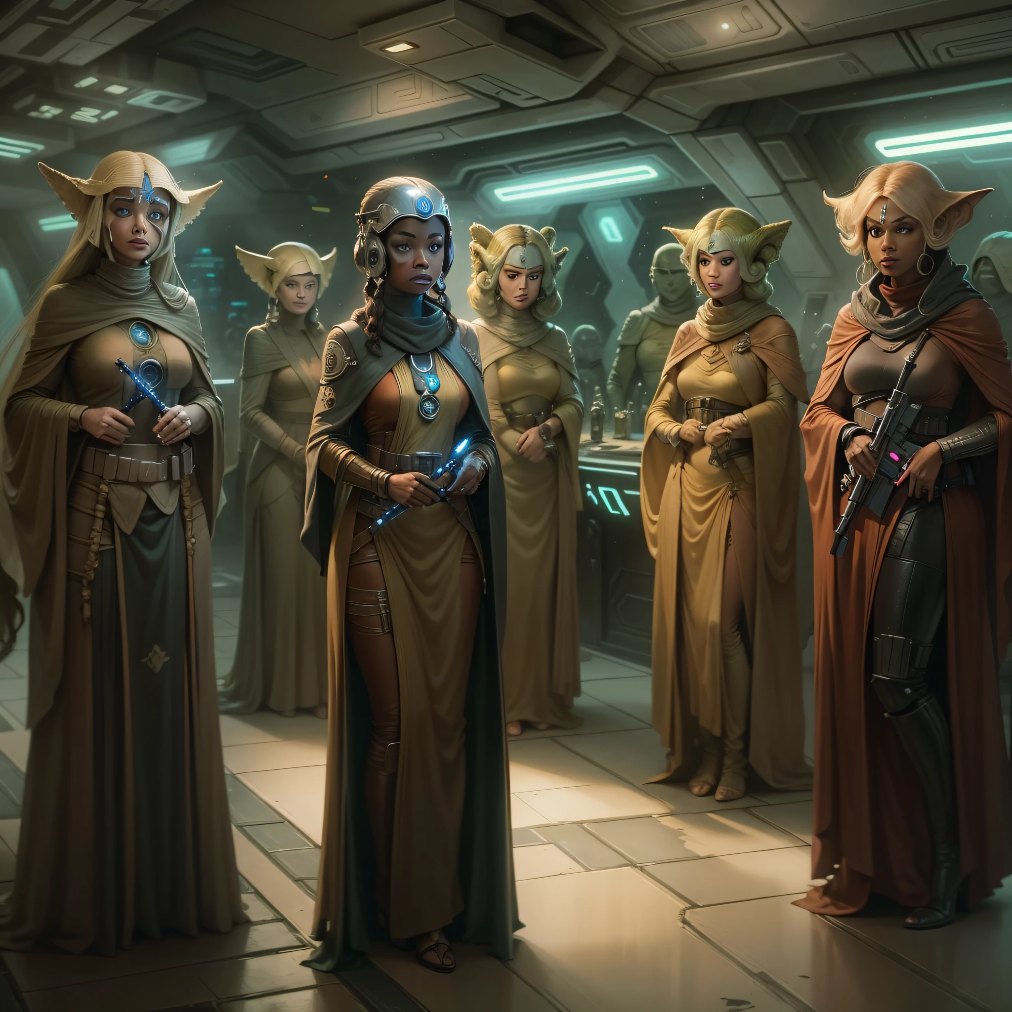mujeres extraterrestres alienigenas al estilo star wars, se encuentran en una cantina ultramoderna de la ciudad de coruscant.