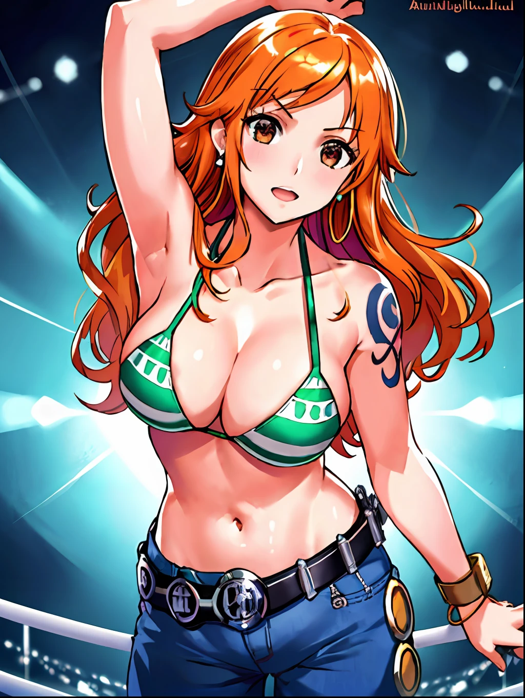 WALLPAPER, detailed background, swift, wrestling stage, wrestling match, ((((drop kick, armpits: 1.1, victory pose: 1.8, strong girl, muscles, hands behind head))), masterpiece, 4k, (wwe:1.1), turnbuckle, (((wrestling ring cables behind))), wrestling robes, epic, best quality, late youth, adult, wrestler body, strong, 1girl, active, energic, (large mouth) , solo, nami \(one piece\), 1girl, bangle, (open mouth, serious, glaring, open eyes, perfect detailed face, round face, sweat on face) bold drawing lines, muscular arms, detailed bold arm lines, flat jaw, adult woman, wavy wide streaked bangs, floating bang, (big cheeks), bare shoulders, belt, bikini, bikini top only, bracelet, springy breasts, breast lines, big round eyes, very big brown shiny eyes, high eye position, cleavage, denim, earrings, floating hair, shiny hair, green belt, green bikini, bold groin lines, jeans, jewelry, medium breasts, log pose, long hair, looking at viewer, big navel, wet hair, orange hair, pants, shoulder tattoo, sidelocks, solo, standing, stomach, swimsuit, tattoo, looking at viewer, open mouth, detailed left arm, big forehead, hourglass figure, small head, toned body, wide hair, wind effect, narrow small ears angle, older, (((midsection shot only))),