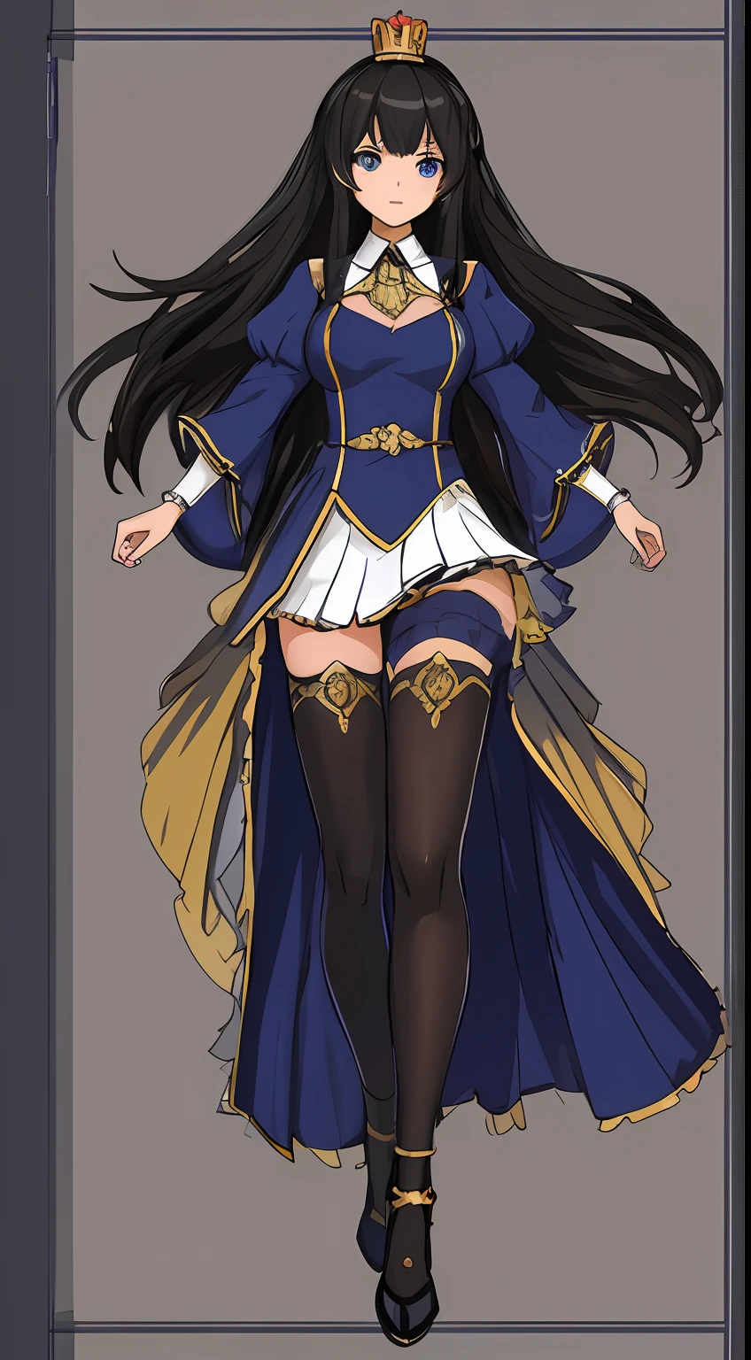 charturnerv2, 1girl, full body, black hair, long hair, blue eyes, purple dress with blue details, queen, same outfit, concept-art, full body, detail_face, line_sketch, PlanIt, official art, official alternate costume, design style, multi style, detail character, 4_side, original, 8K GC, massive detail, multiple views of the same character, no background, only detail character, technical illustration, multiple views,masterpiece,best quality، sliver crown