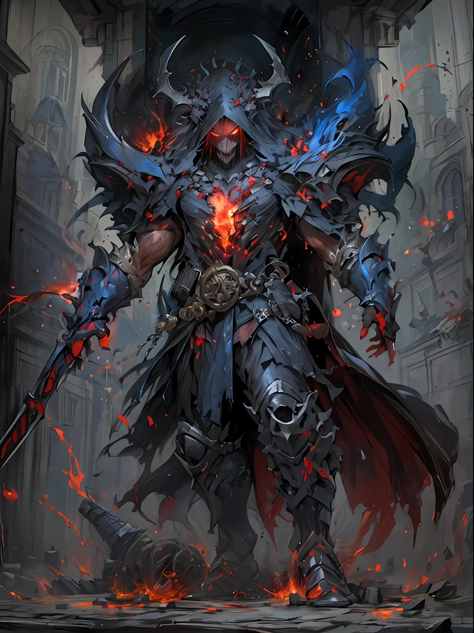 Hombre grande,marcas y simbolos por el cuerpo,pelo largo y lanco,capucha roja,Espada gigante de almas en pena,oscuro,almas,guantes demoniacos,armadura masiba,armadura de almas en pena,demonio, Fuego, caballo infernal de fuego y lava,ojos rojos,ojos azules brillante, infierno, apocalyptic,fin del mundo, Lado oscuro,ruina, guerra, Darksiders , ERA (Darksiders), obra dearte,guerrero,enviado del infierno,Horseman of the Apocalypse,muerte,sangre,destruccion,hambre,lucha,furia,ciudad debastada,edificios en ruinas,calles destruidas,pobo y particulas en el aire,muchas victimas alrededor,demonios muertos,demonios descuarisados y sangrando,espada clabada,espada enterrada,espada con sangre,mirada aterradora,misterio