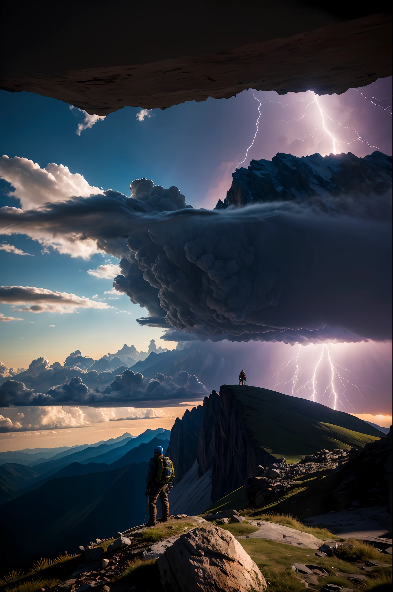 shadowy,Lightning,The explorer stands at the top of the mountain,Cinematic light,Optimal image quality,rich details