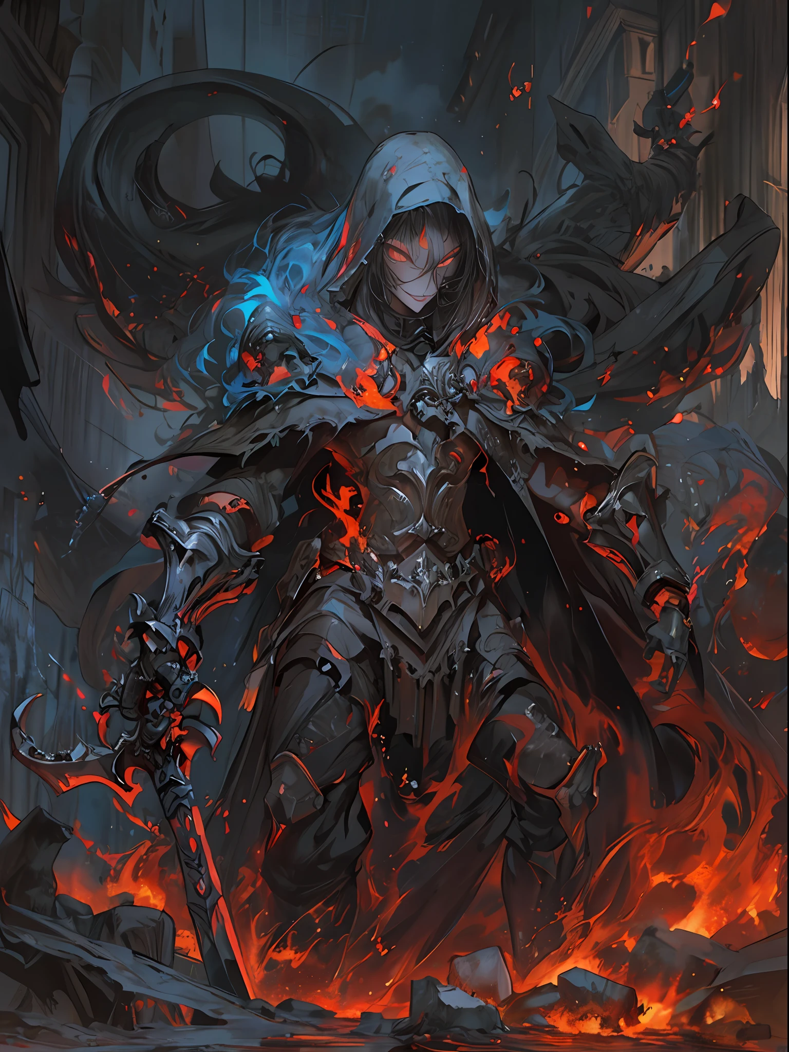 Hombre grande,marcas y simbolos por el cuerpo,pelo largo y  lanco,capucha roja,Espada gigante de almas en pena,oscuro,almas,guantes demoniacos,armadura masiba,armadura de almas en pena,demonio, Fuego, caballo infernal de fuego y lava,ojos rojos,ojos azules brillante, infierno, apocalyptic,fin del mundo, Lado oscuro,ruina, guerra, Darksiders , ERA (Darksiders), obra dearte,guerrero,enviado del infierno,Horseman of the Apocalypse,muerte,sangre,destruccion,hambre,lucha,furia,ciudad debastada,edificios en ruinas,calles destruidas,pobo y particulas en el aire,muchas victimas alrededor,demonios muertos,demonios descuarisados y sangrando,espada clabada,espada enterrada,espada con sangre,mirada aterradora,misterio