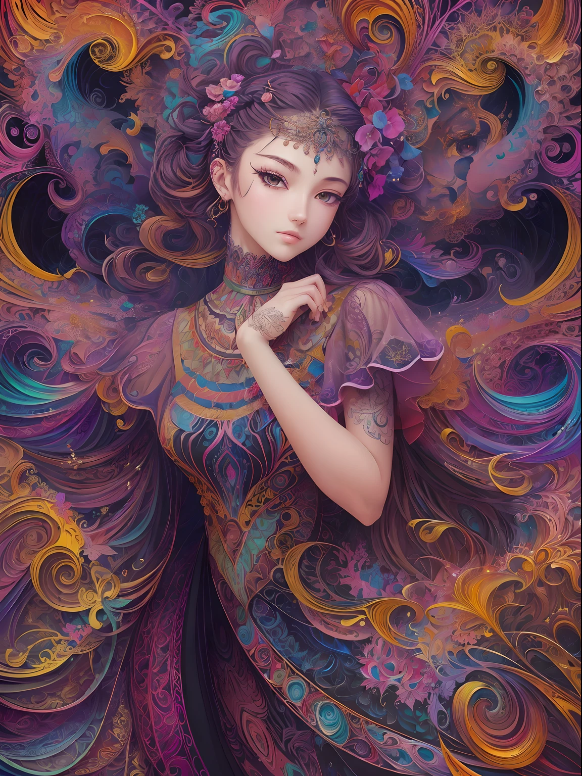 This image features a beautiful, striking colorful portrait emerging from a black canvas. Generate a very colorful portrait of a woman on a black canvas. (masterpiece, top quality, best quality, official art, beautiful and aesthetic:1.2), (1girl:1.3), extremely detailed,(fractal art:1.2), colorful, highest detailed,(zentangle:1.2), (dynamic pose), (abstract background:1.5), (traditional dress:1.2), (shiny skin), (many colors:1.4), upper body, masterpiece, best quality, high quality, highres, 16, RAW, ultra highres, ultra details,finely detail, an extremely delicate and beautiful, extremely detailed, real shadow, anime, highly detailed painted, award-winning glamour painting, wonderful painting, art style, stylized,