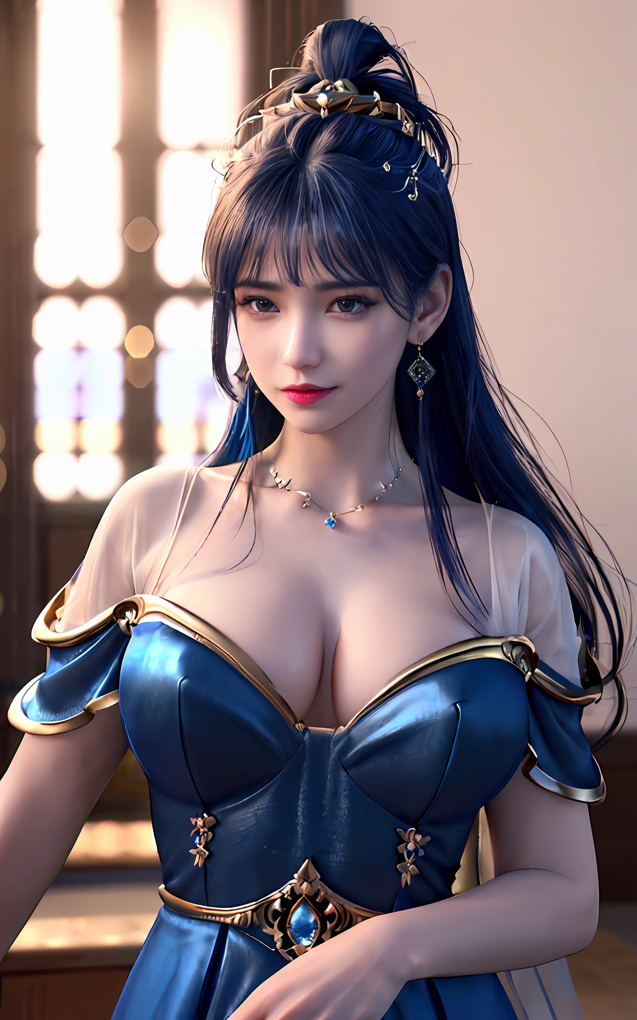 ((realisticity: 1.2)), ((best resolution: 8K UHD)), best quality,masterpiece,highres,cg,
((1 super detailed and super realistic girl)), ((very beautiful queen dazzling, super realistic, and super detailed)), long hair, ((super realistic and super detailed dress)), solo, ((super realistic, super beautiful, gorgeous and super detailed jewelry)), ((super beautiful, super realistic and super detailed dark blue and golden yellow dress)),
((super beautiful, super realistic, super detailed diamond filled earrings)),
  ((super beautiful, super realistic and super detailed diamond filled hair ornament)), ((super beautiful upper body, super beautiful, super realistic and super detailed)), ((big breasts: 2.5)), 
((super grand, super realistic and super detailed royal palace backgroun))
((super beautiful, super beautiful, super realistic and super detailed hair bun)), ((super beautiful, super realistic and super detailed blue hair)),
candid, Photograph, high resolution, 8k,Bokeh,