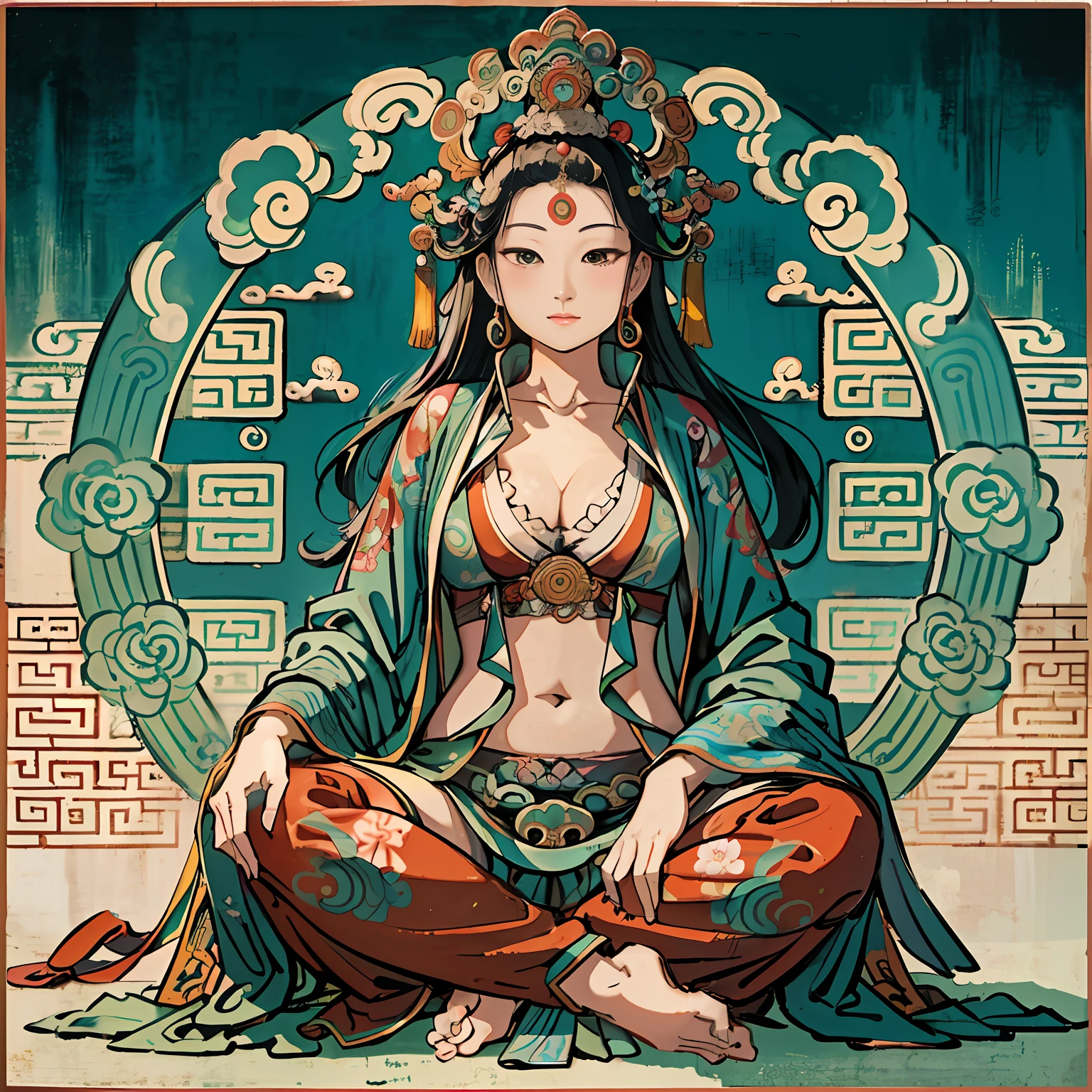 an ancient Chinese goddess, guanyin of the southern seas, Guanyin, Inspired by India, Avalokiteshvara rides a lion,,Serene expression,shui mo hua,Buddha,Buddhist,Lotus,Chinese painting style,Thangka style