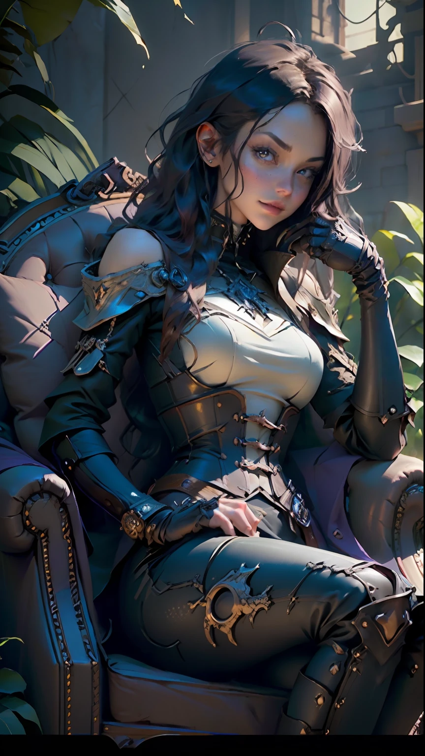 ((Best quality)), ((masterpiece)), (detailed:1.4), 3D, Award - winning shot of steampunk vampire gal, sitting on a purple armchair, surrounded by black crows, in a creepy foresta, gothic atmosphere, hyper - realistic photograph,Unreal 5,Subsurface scattering,PBR Texturing,Post-processing,Anisotropic Filtering,Depth-of-field,Maximum clarity and sharpness,Multi-layered textures,Albedo and Specular maps,Surface shading,Accurate simulation of light-material interaction,Perfect proportions,Octane Render,Two-tone lighting,Wide aperture,Low ISO,White balance,Rule of thirds,8K RAW,