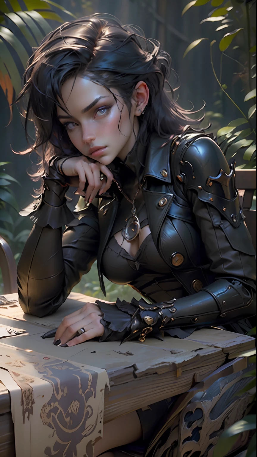 ((Best quality)), ((masterpiece)), (detailed:1.4), 3D, Award - winning shot of steampunk vampire gal, sitting on a purple armchair, surrounded by black crows, in a creepy foresta, gothic atmosphere, hyper - realistic photograph,Unreal 5,Subsurface scattering,PBR Texturing,Post-processing,Anisotropic Filtering,Depth-of-field,Maximum clarity and sharpness,Multi-layered textures,Albedo and Specular maps,Surface shading,Accurate simulation of light-material interaction,Perfect proportions,Octane Render,Two-tone lighting,Wide aperture,Low ISO,White balance,Rule of thirds,8K RAW,