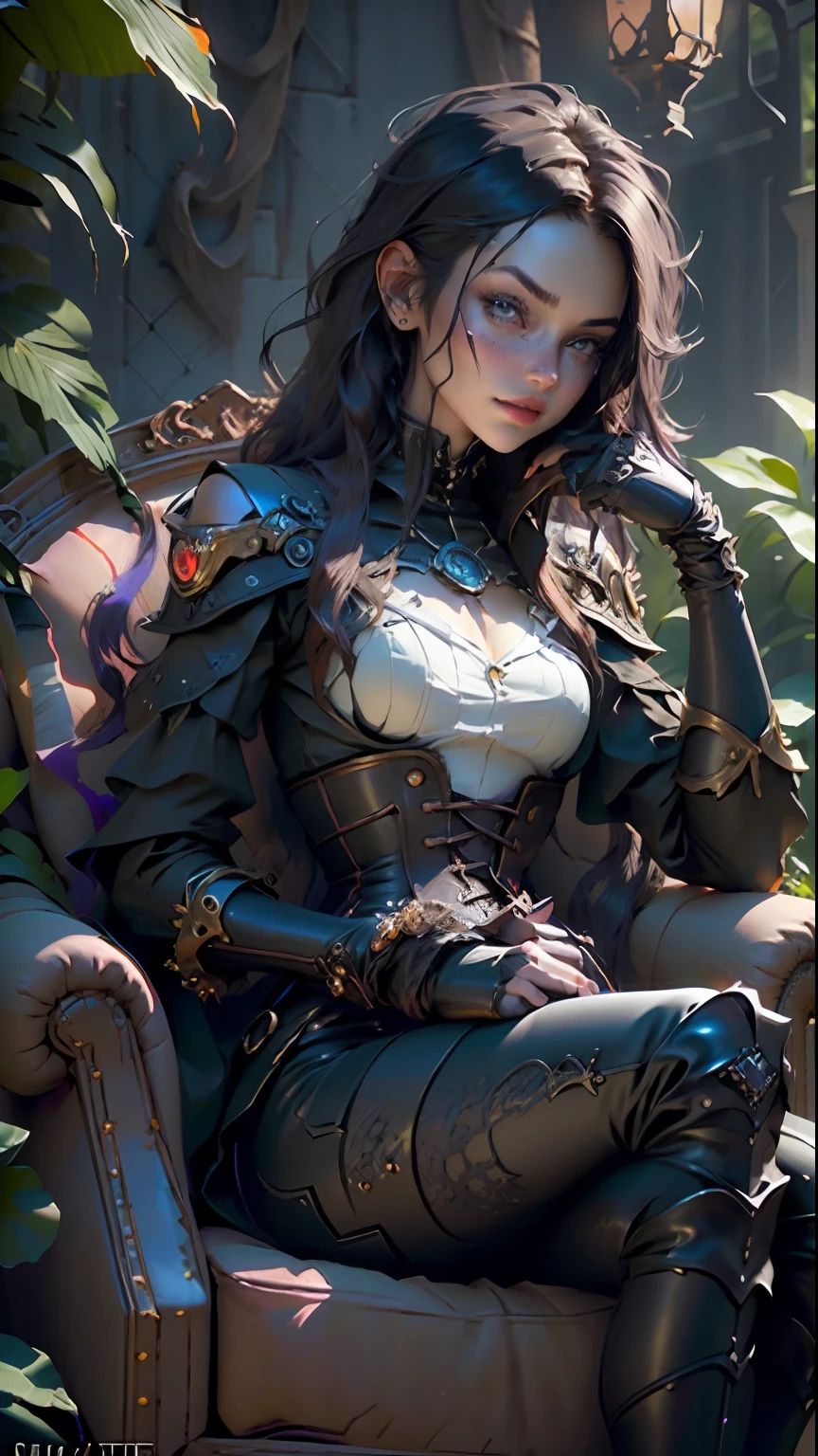 ((Best quality)), ((masterpiece)), (detailed:1.4), 3D, Award - winning shot of steampunk vampire gal, sitting on a purple armchair, surrounded by black crows, in a creepy foresta, gothic atmosphere, hyper - realistic photograph,Unreal 5,Subsurface scattering,PBR Texturing,Post-processing,Anisotropic Filtering,Depth-of-field,Maximum clarity and sharpness,Multi-layered textures,Albedo and Specular maps,Surface shading,Accurate simulation of light-material interaction,Perfect proportions,Octane Render,Two-tone lighting,Wide aperture,Low ISO,White balance,Rule of thirds,8K RAW,