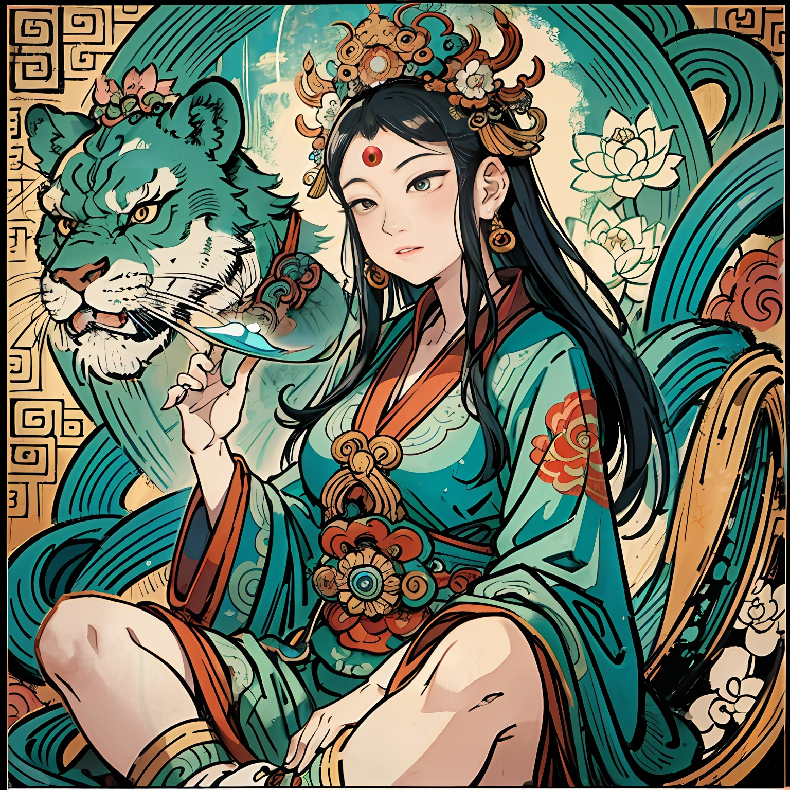 an ancient Chinese goddess, guanyin of the southern seas, Guanyin, Inspired by India, Avalokiteshvara rides a lion，,Serene expression,shui mo hua,Buddha,Buddhist,Lotus,Chinese painting style,Thangka style
