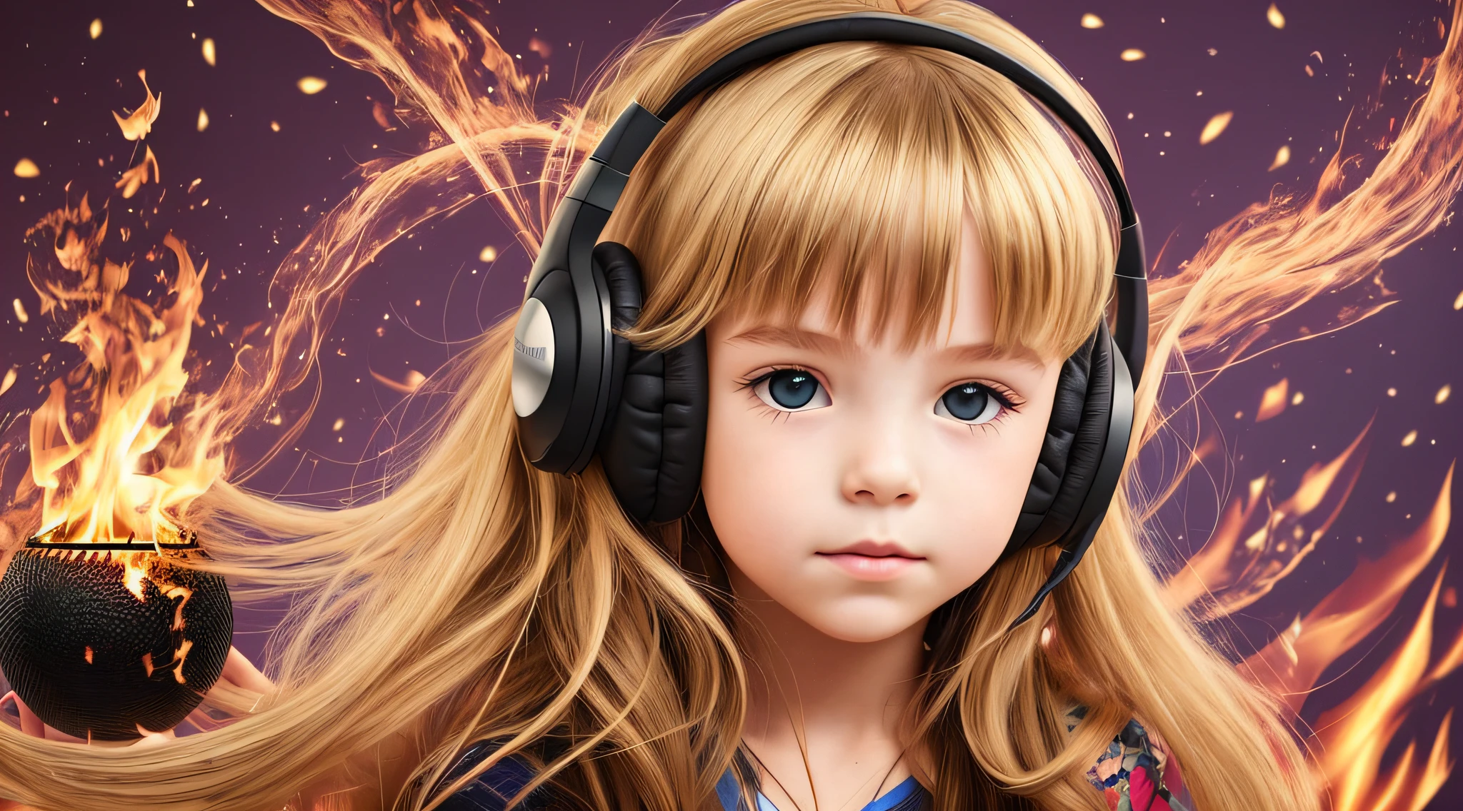 CHILD BLONDE LONG HAIR USING a headphone , fire, thunderbolt, segurando uma disco ball